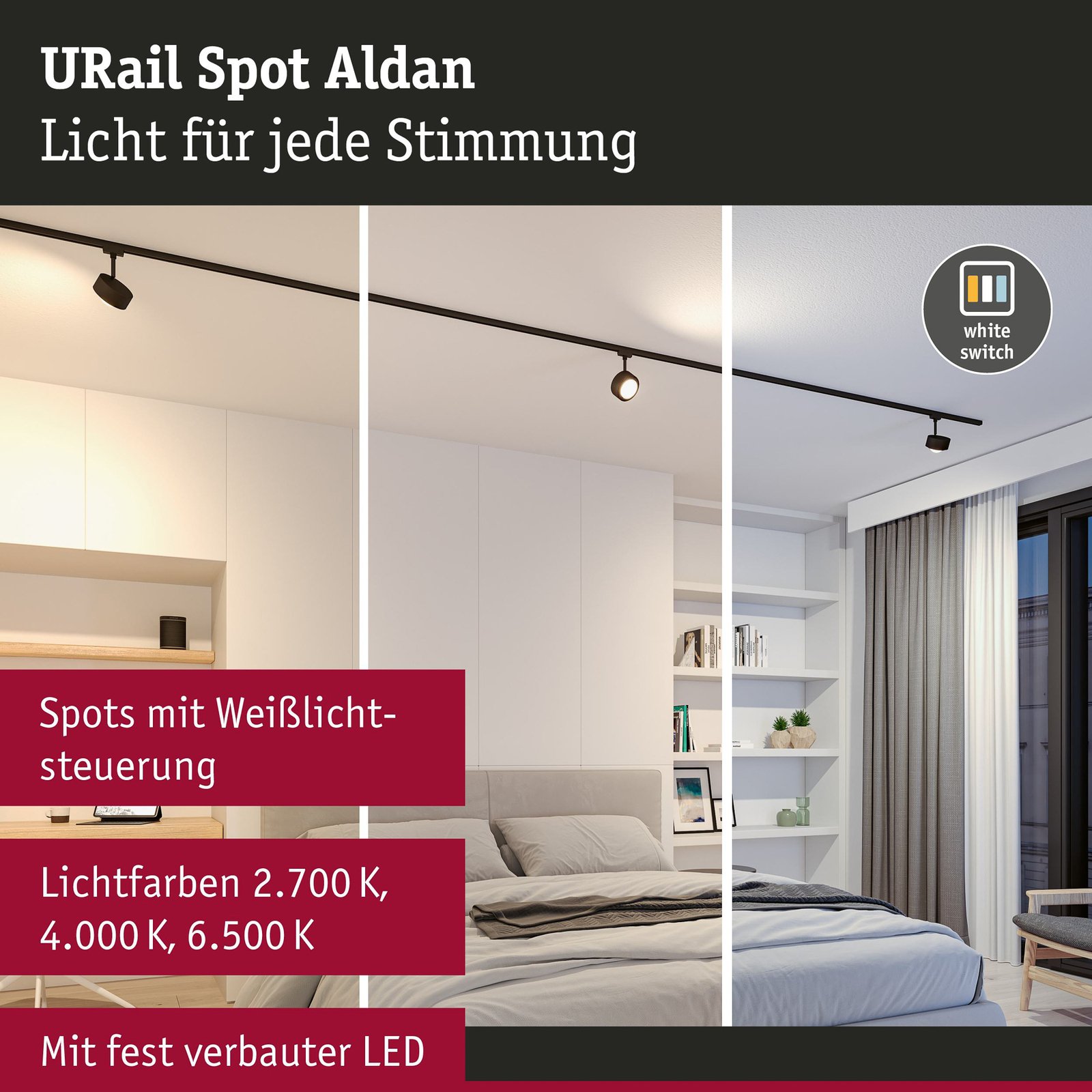 Paulmann URail Aldan LED-valonheitin, musta matta, metalli, CCT-arvo