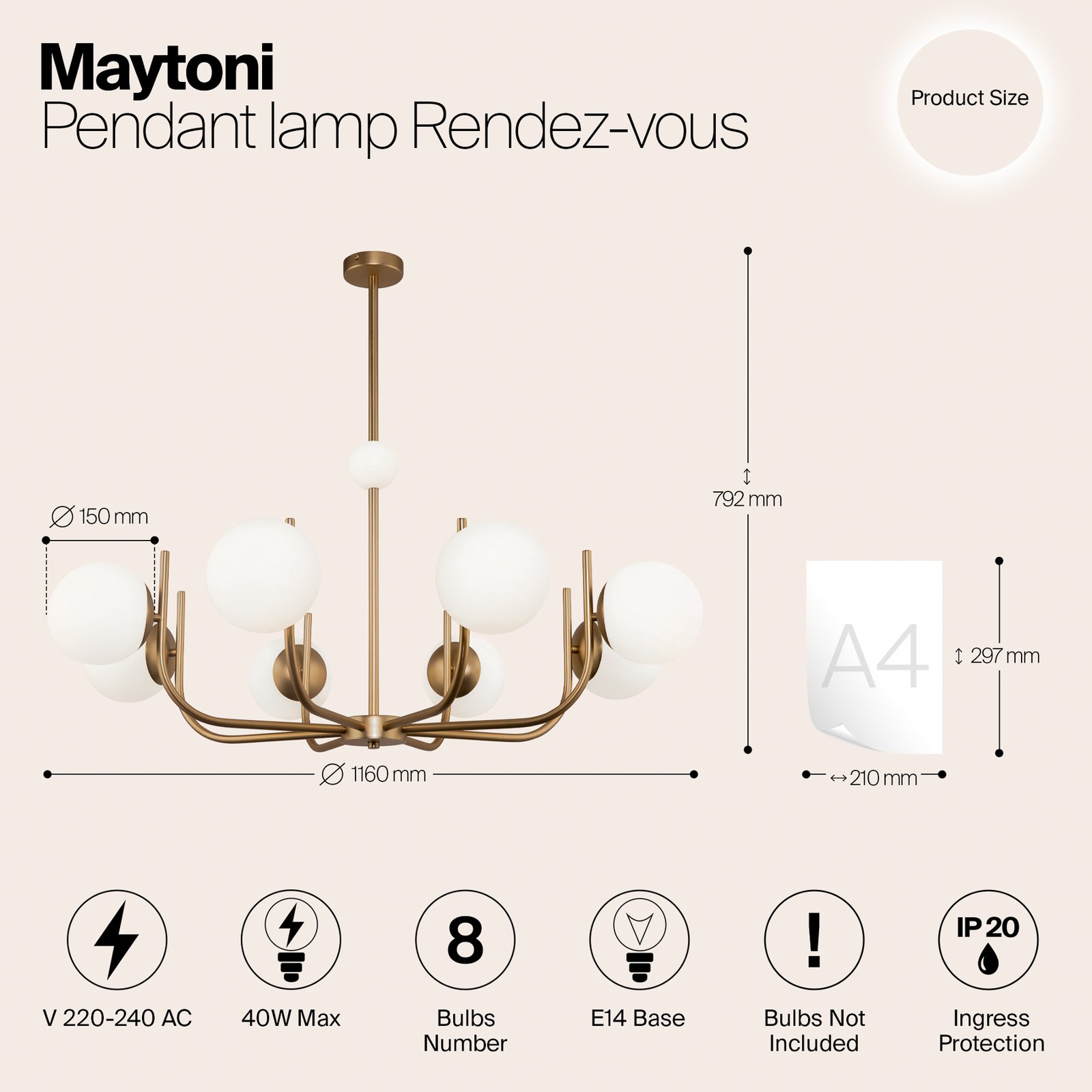 Maytoni hengelampe Rendez-vous, 8 lyskilder, messingfarget