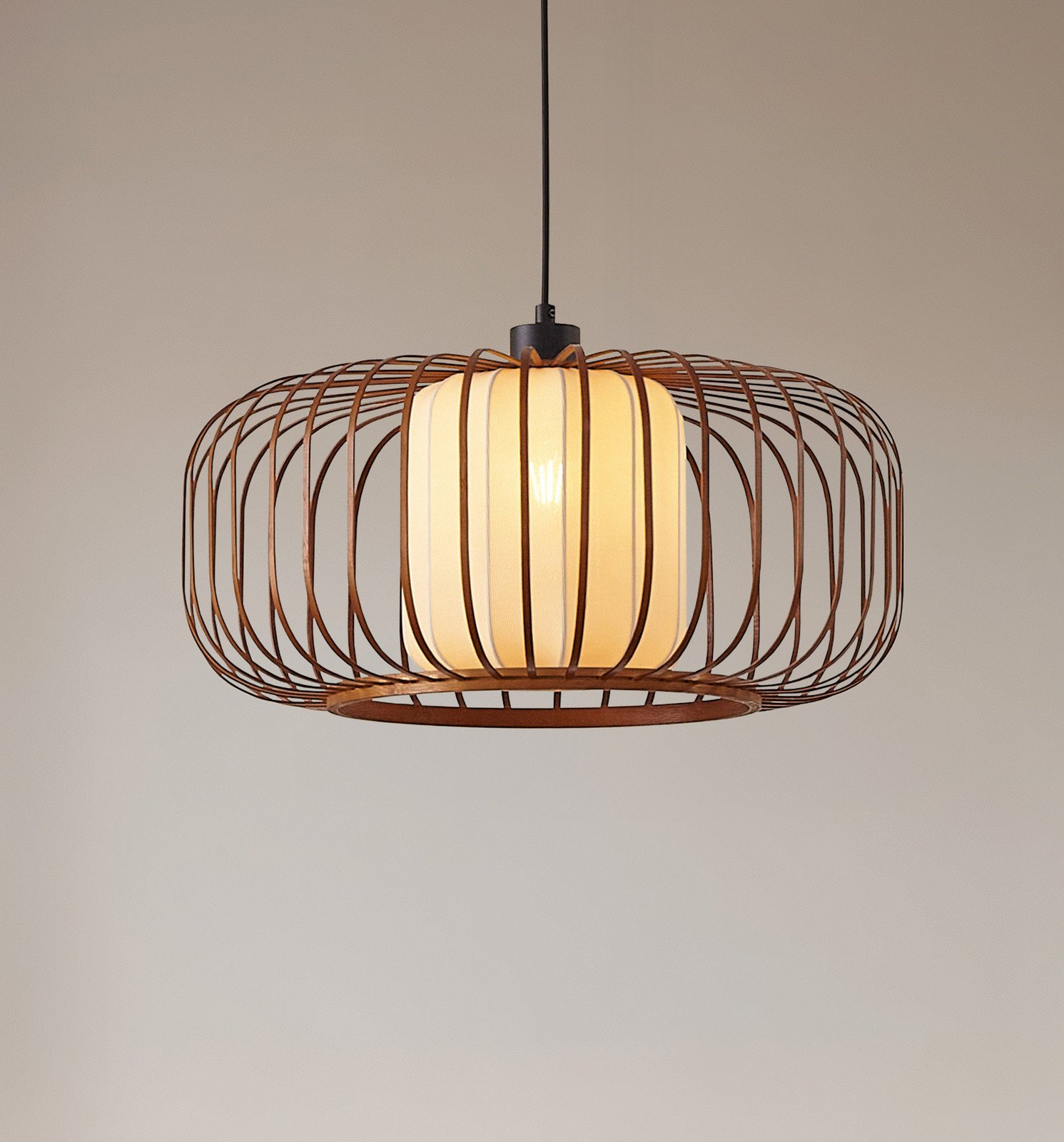Lindby lampă suspendată Davella Ø 50 cm bambus textil - Camera de zi / sufragerie - Scandinavă - Lemn închis bej - Bamboo