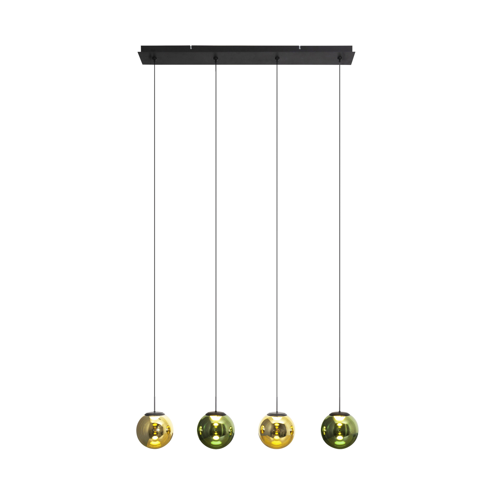 LED hanging light Altaïr gold/green 4-bulb glass 3,000 K