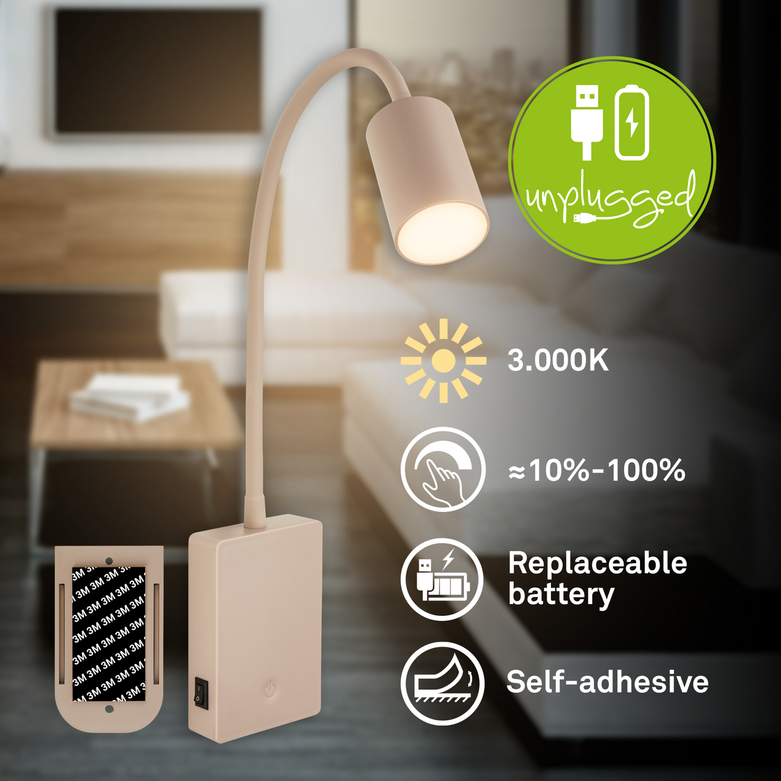LED-läslampa med batteri Brilo unplugged Smooth, beige, med dimmer LED-läslampa med batteri Brilo unplugged Smooth, beige, med dimmer