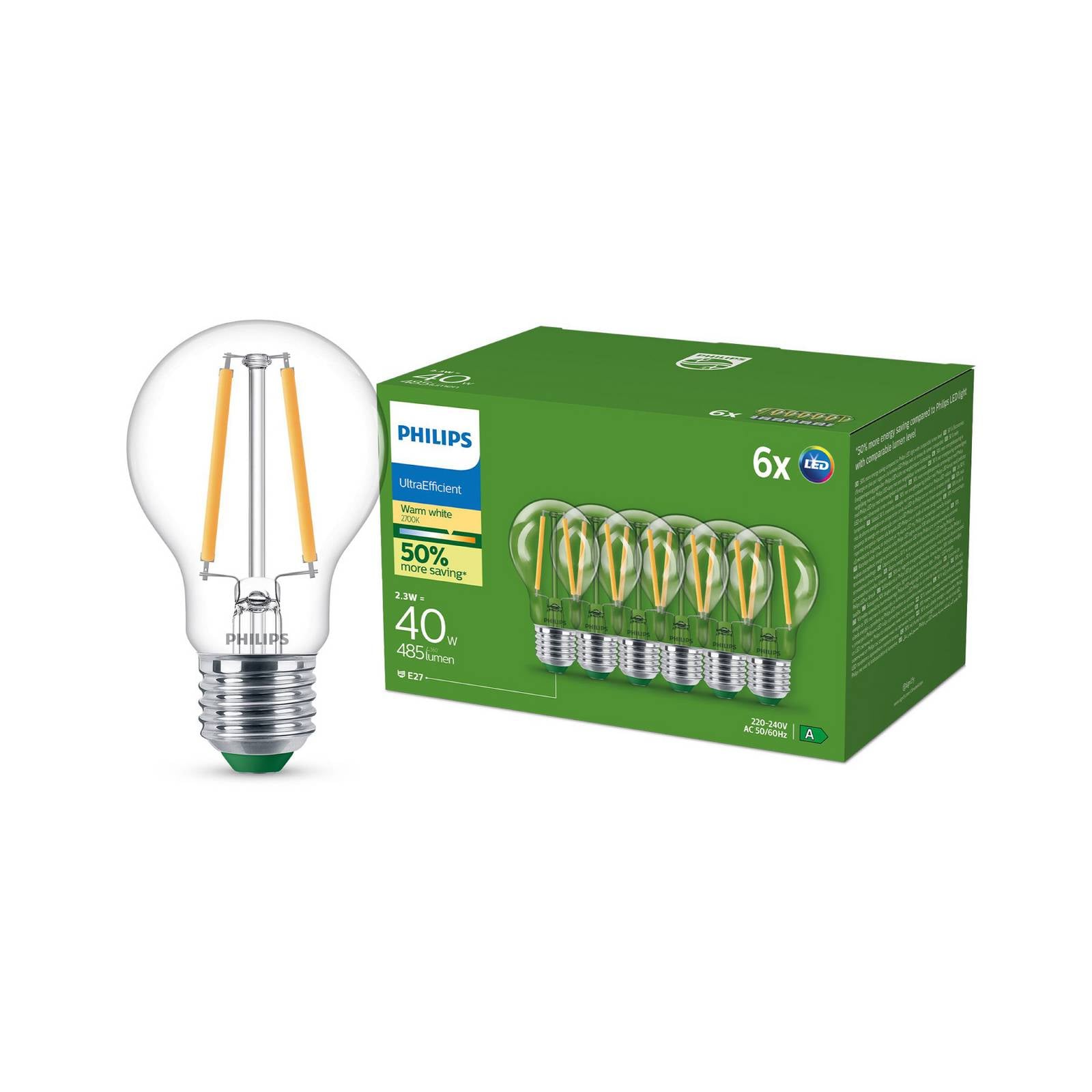 Philips LED-Lampe E27 A60 2,3W 485lm 2700K Filament 6er-Pack