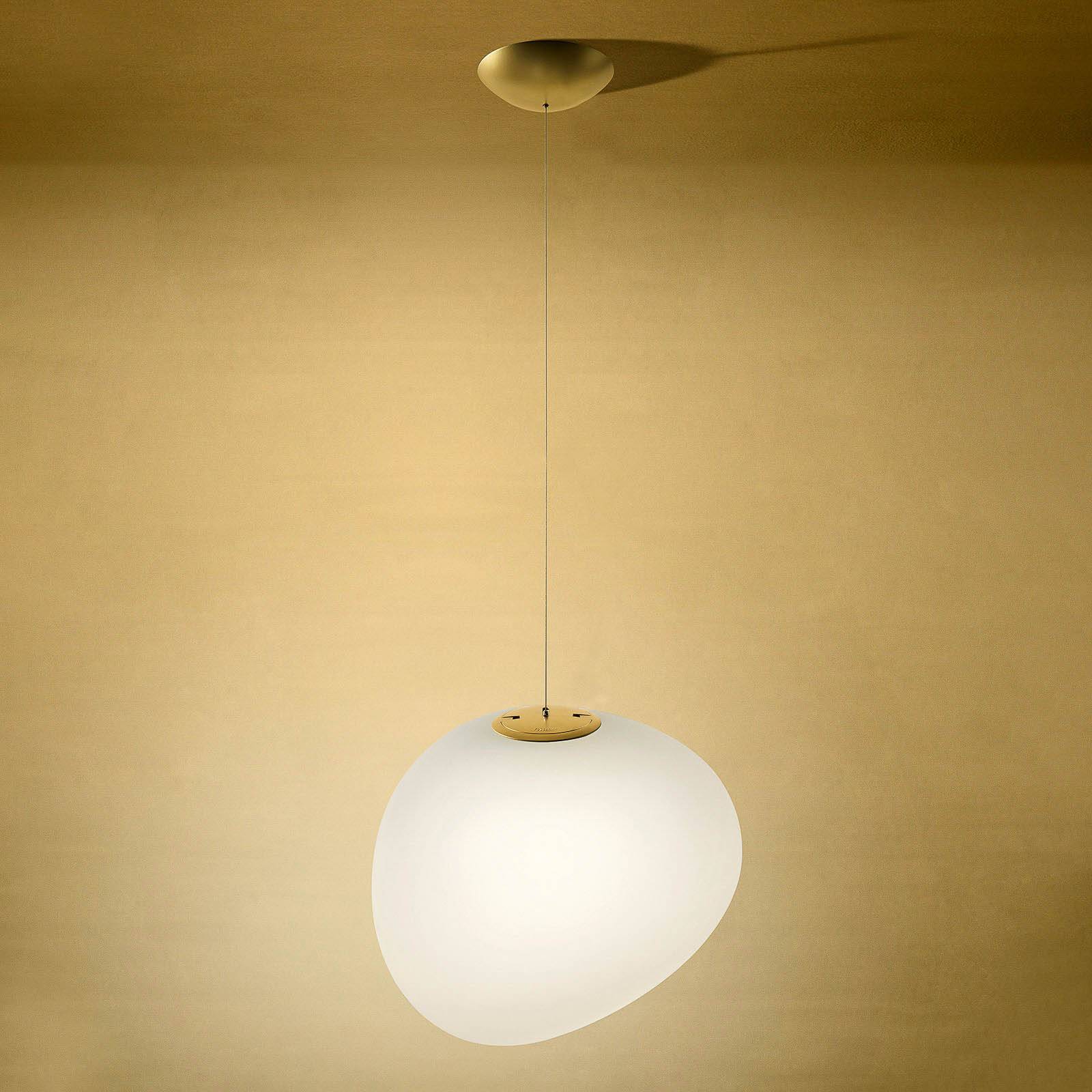 FOSCARINI Foscarini Gregg midi LED hanging light, gold, for Living / Dining Room, handblown glass, metal, 8.5 W, energy efficiency: A+, L: 21 cm, W: 17 cm, H: 16 cm
