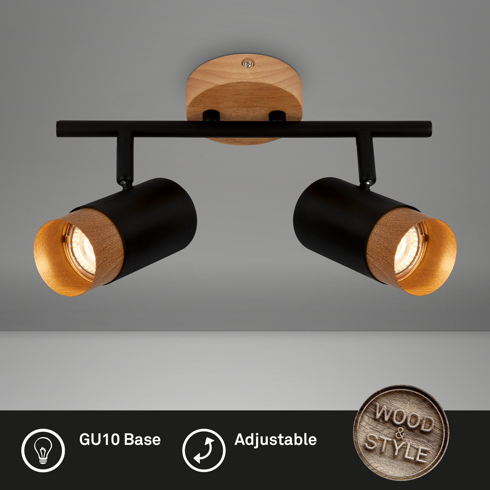Stropný reflektor Plek GU10 čierna/drevo dvojsvetlo