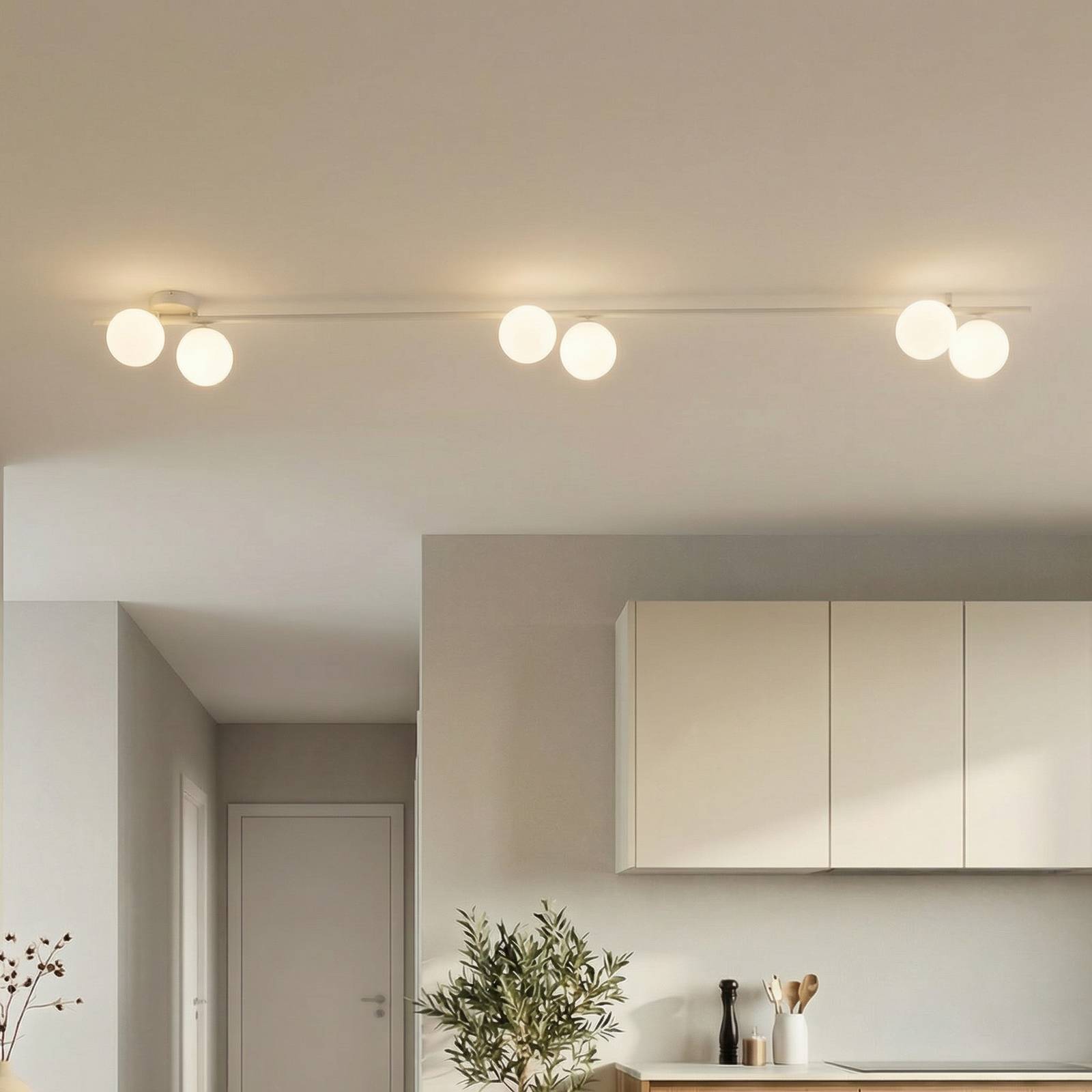 TK Lighting Plafonnier Imelo, crème, à 6 lampes, verre, longueur 200 cm