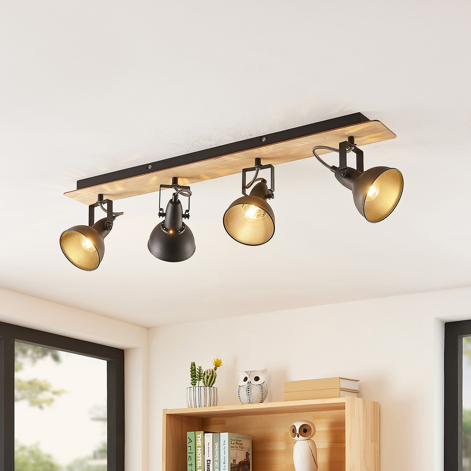 Lindby Aylis plafondlamp, zwart, hout, 4-lamps