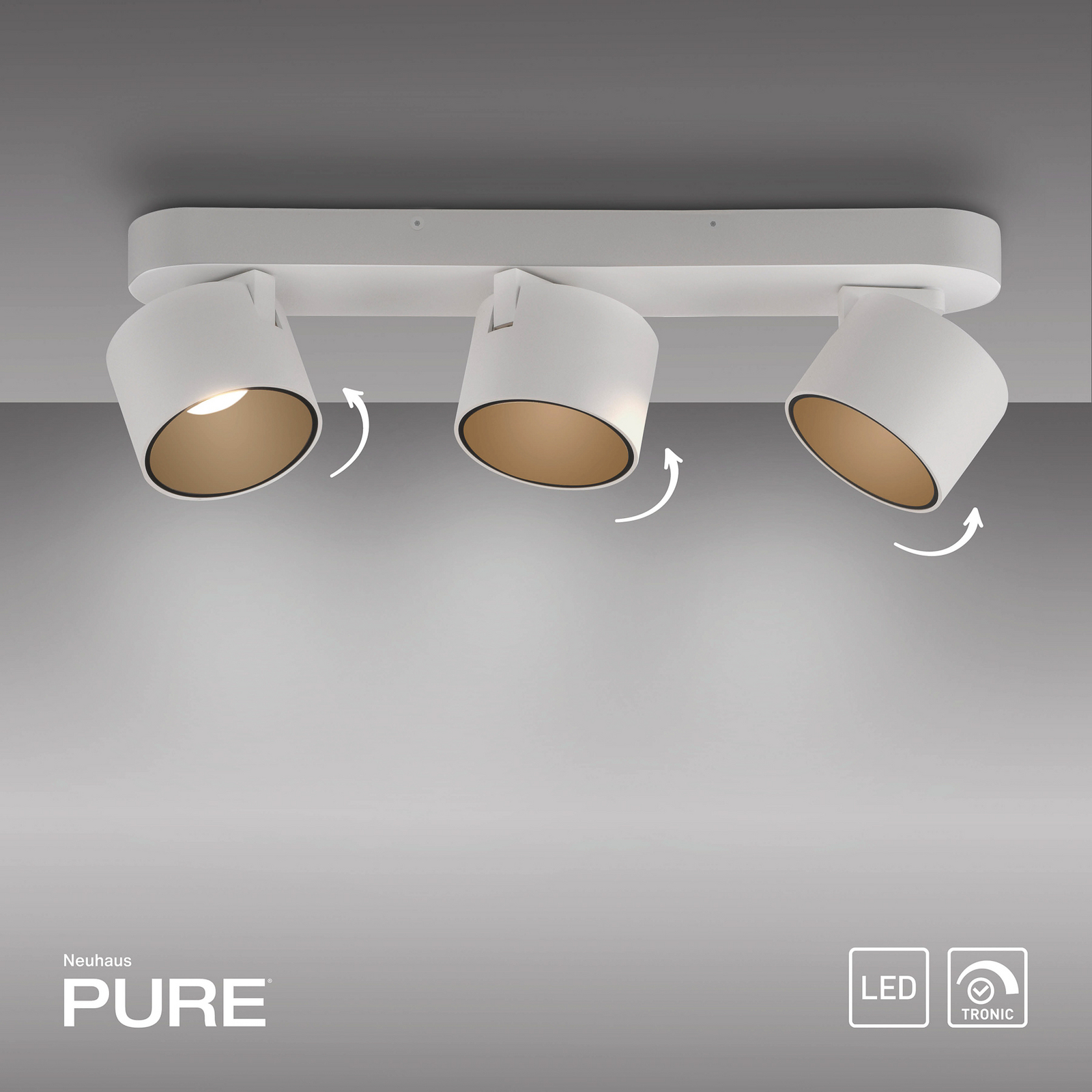 PURE LED тавански спот Cup, бял, дължина 56 cm, метал, 3-крилен.