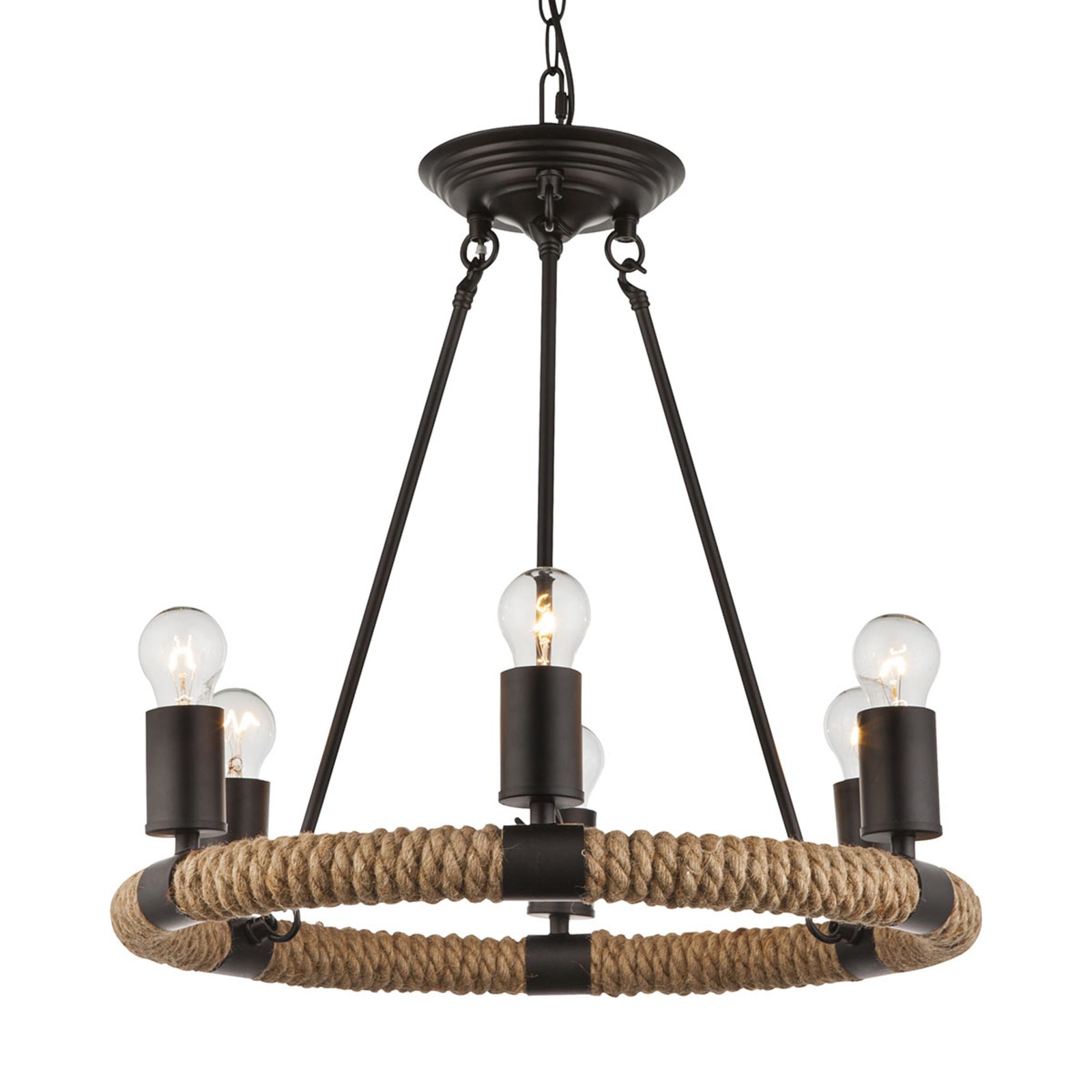 Ulleu round LED pendant lamp, hemp rope, 6-bulb