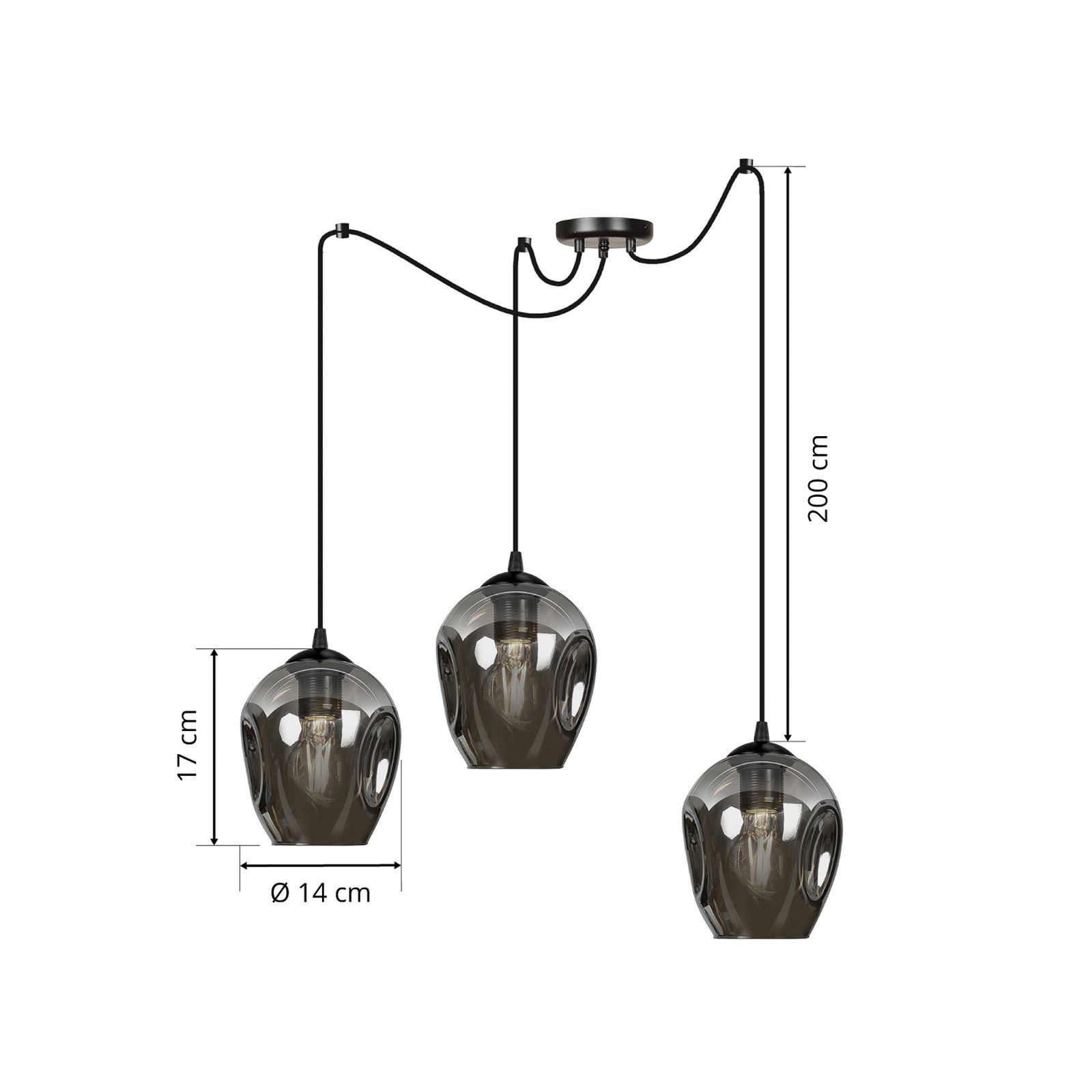 Hanglamp Starla decentraal 3-lamps, glas grafiet