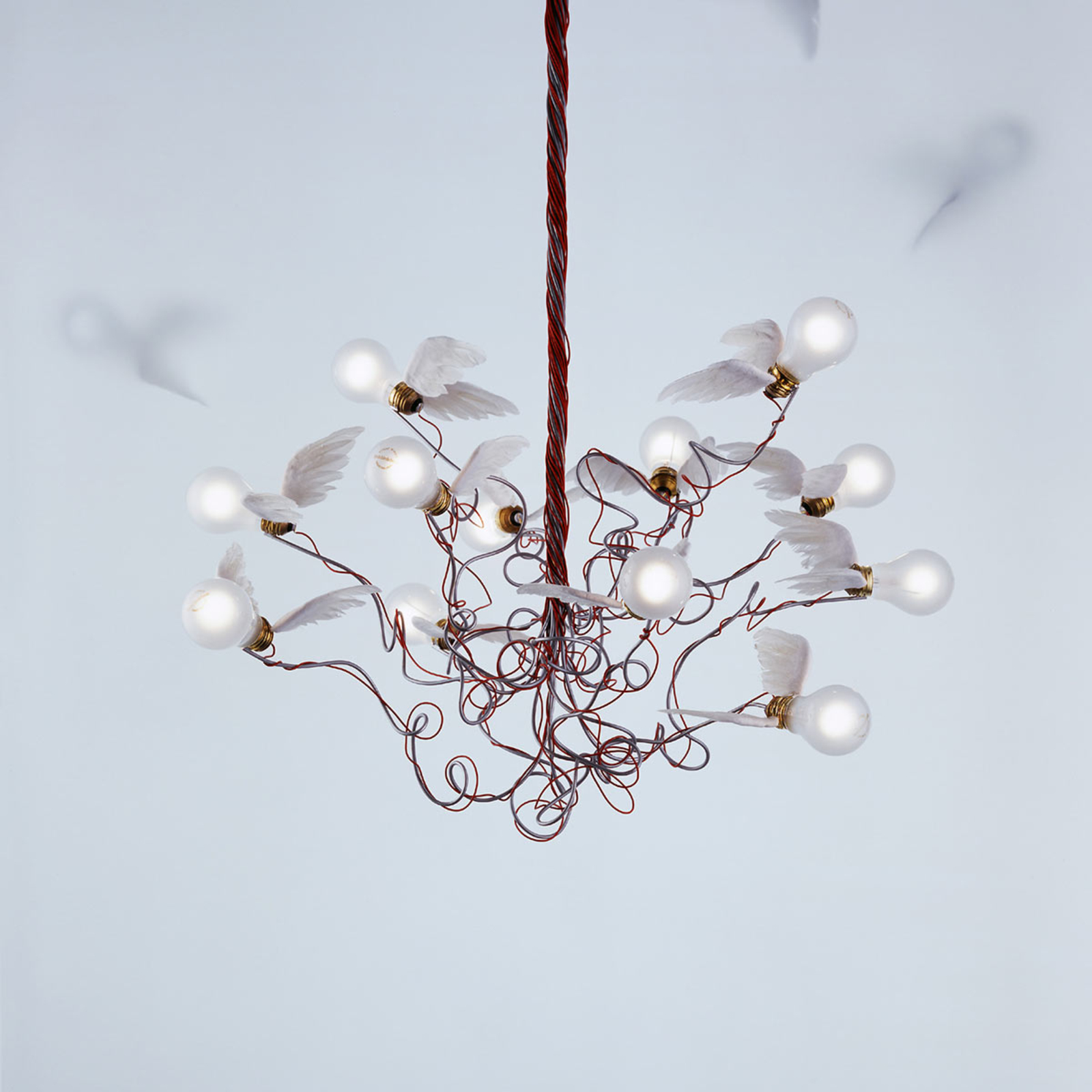 Ingo Maurer Birdie - LED hanging light, red, for Living / Dining Room, metal, goose feathers, E27, 1.5 W, energy efficiency: A++
