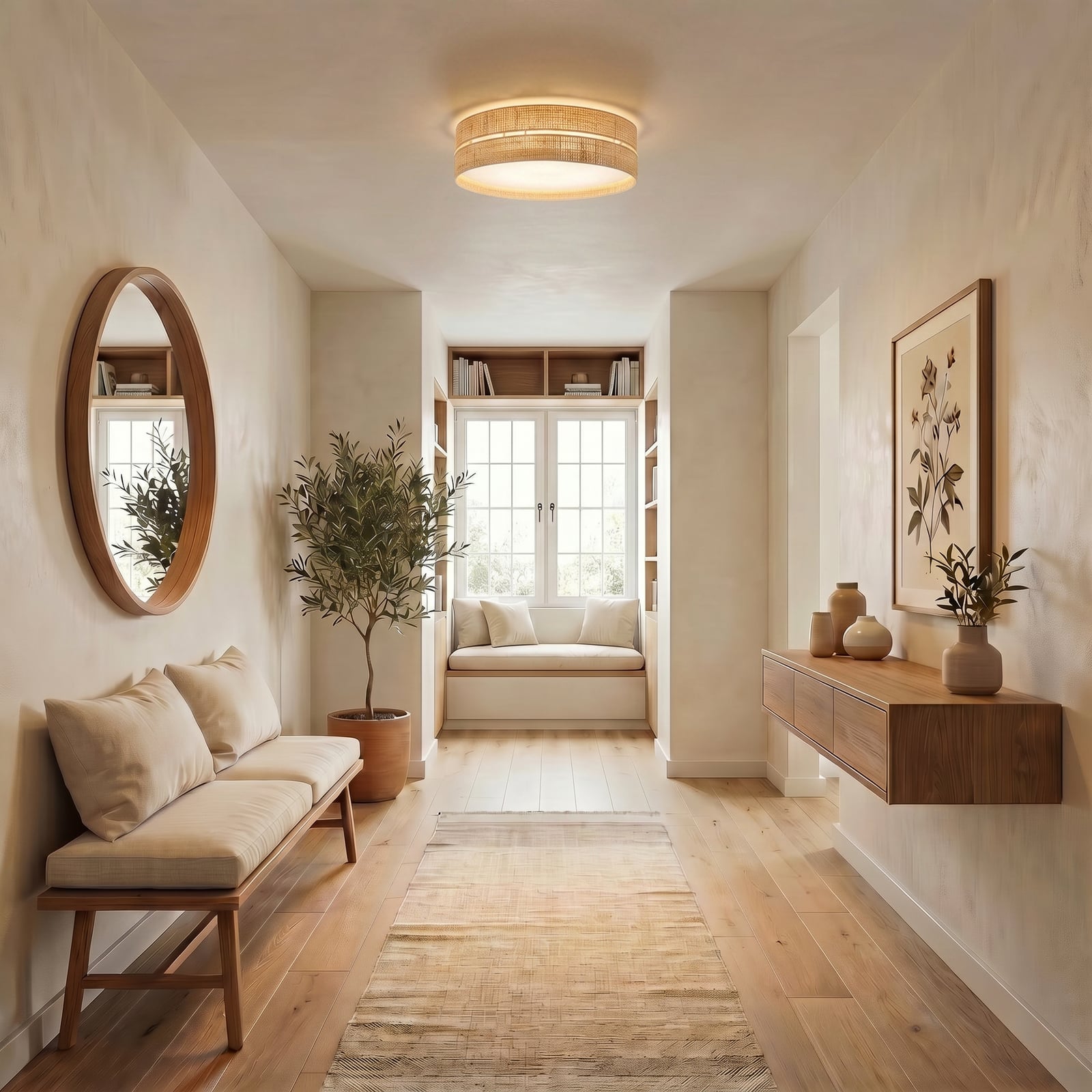 Plafonnier Calma, beige, raphia, Ø 60 cm, E27