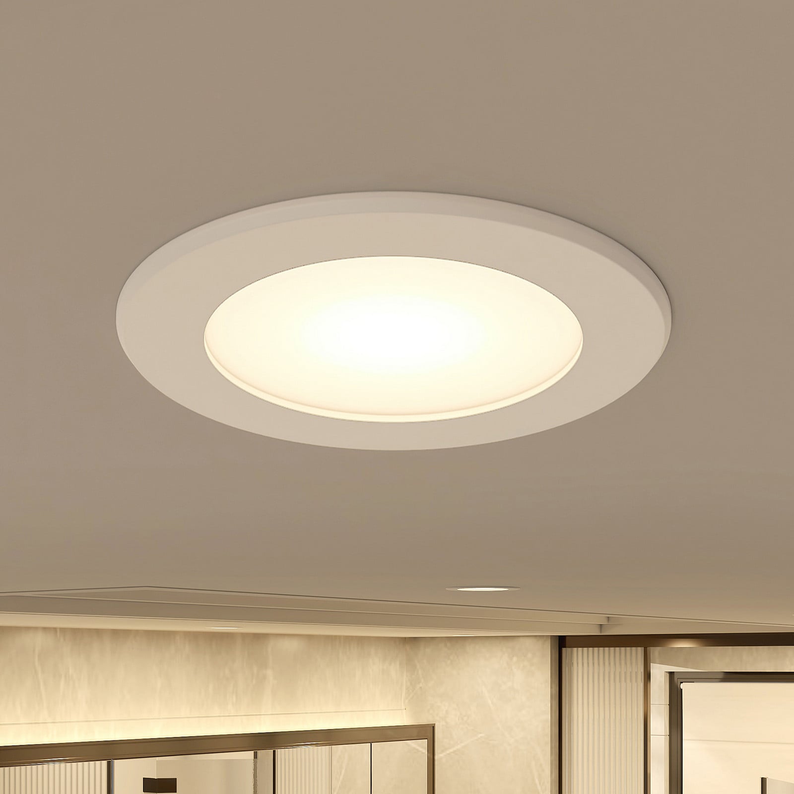 Projetor de encastrar Prios LED Rida, branco. Ø 10 cm, CCT, IP44
