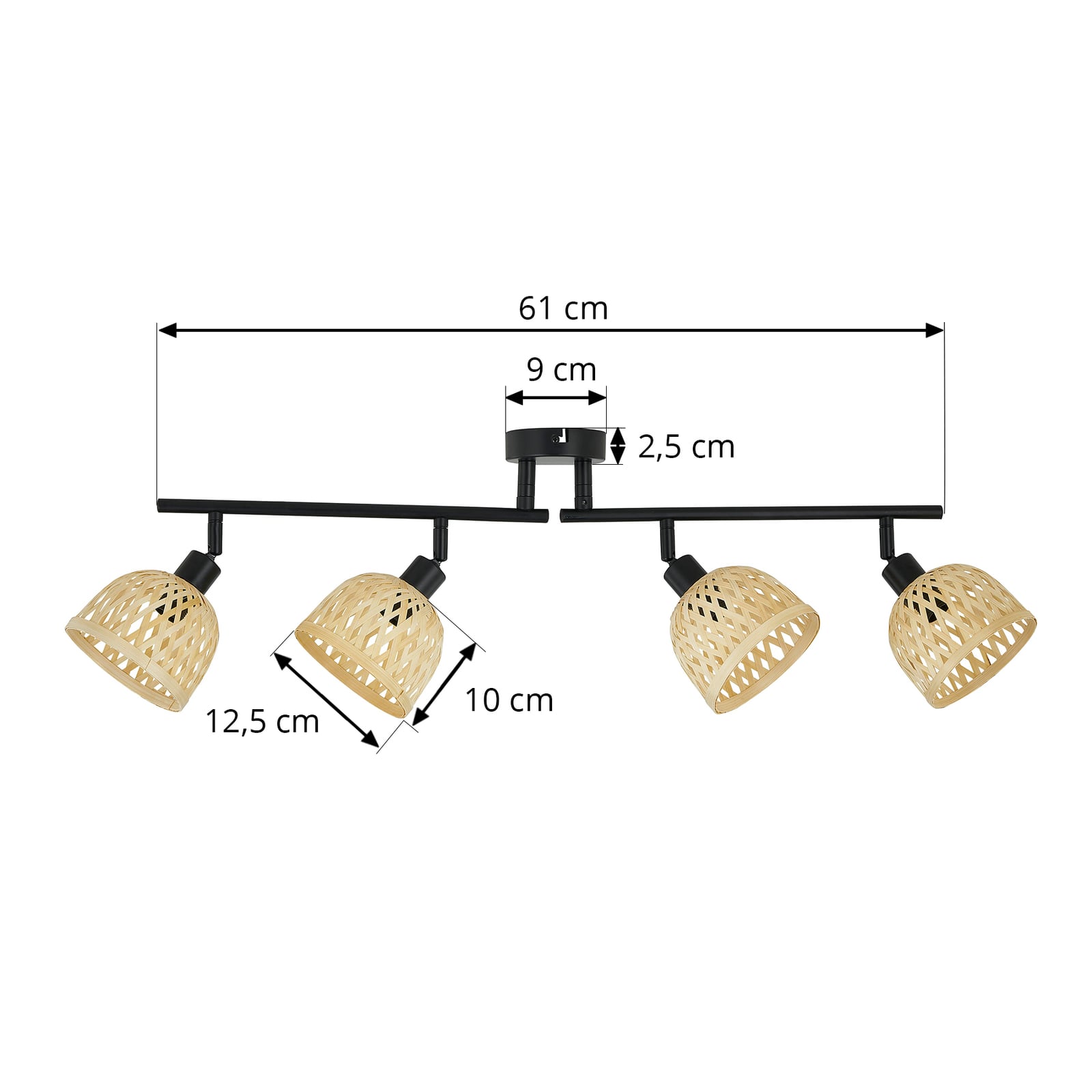 Lindby spot pour plafond Youstin, 70,5 cm de long, bambou 4 à 4 lampes, E14