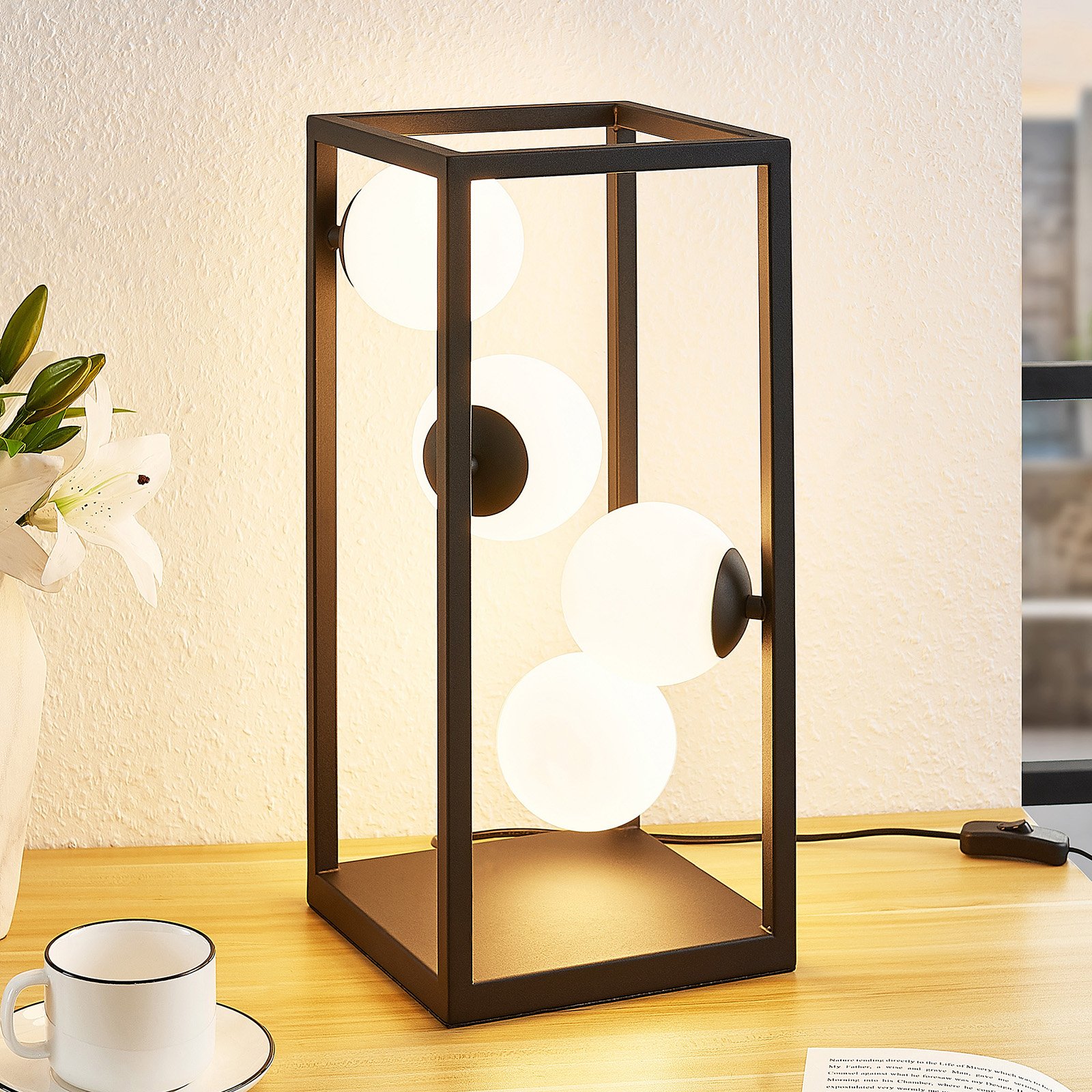 Lindby Utopia LED table lamp with glass balls, for Living / Dining Room, iron, glass, G9, 3 W, energy efficiency: A++, L: 20 cm, W: 20 cm, H: 45 cm