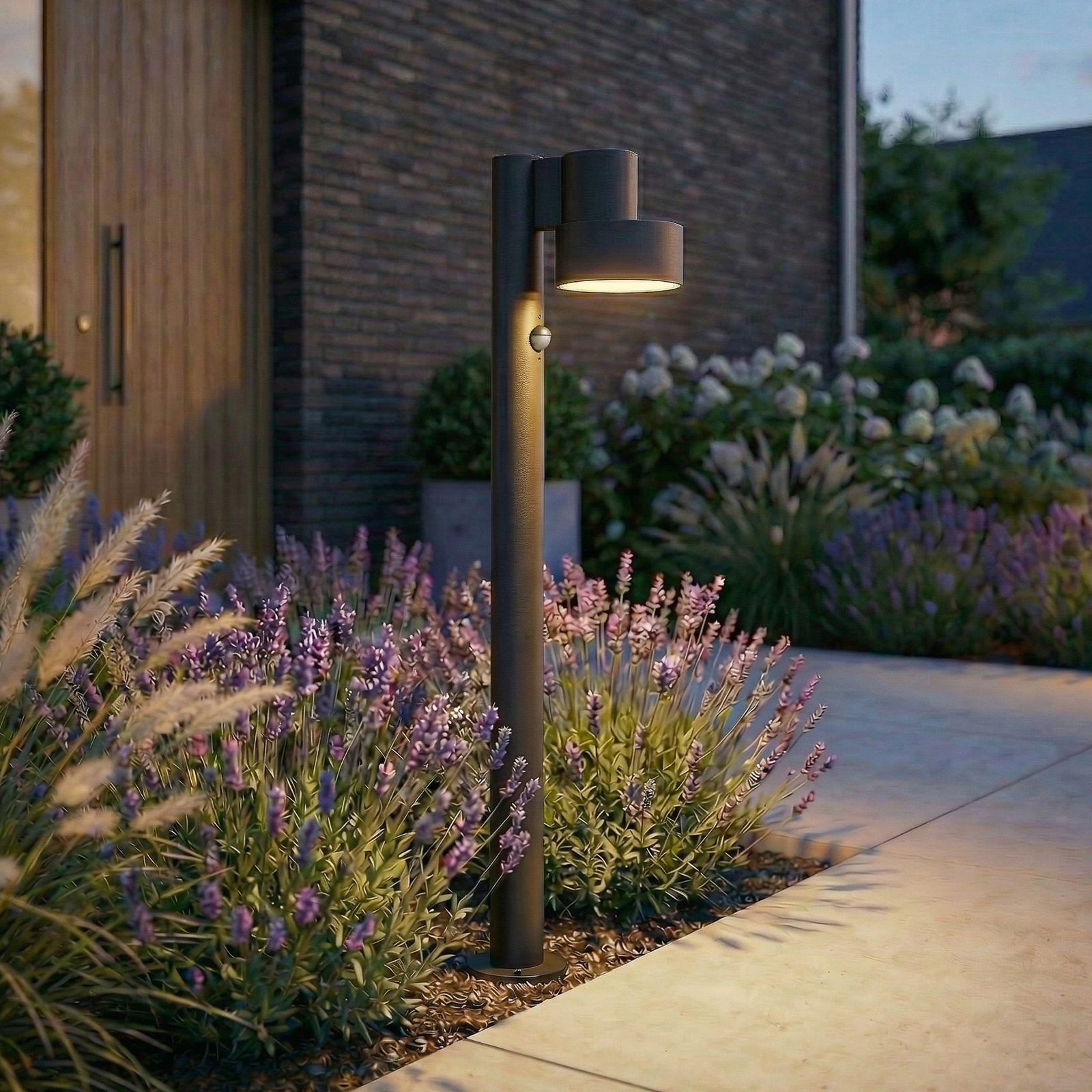 Bolardo luminoso LED Lucande Elune, negro, con sensor, IP44, 77 cm