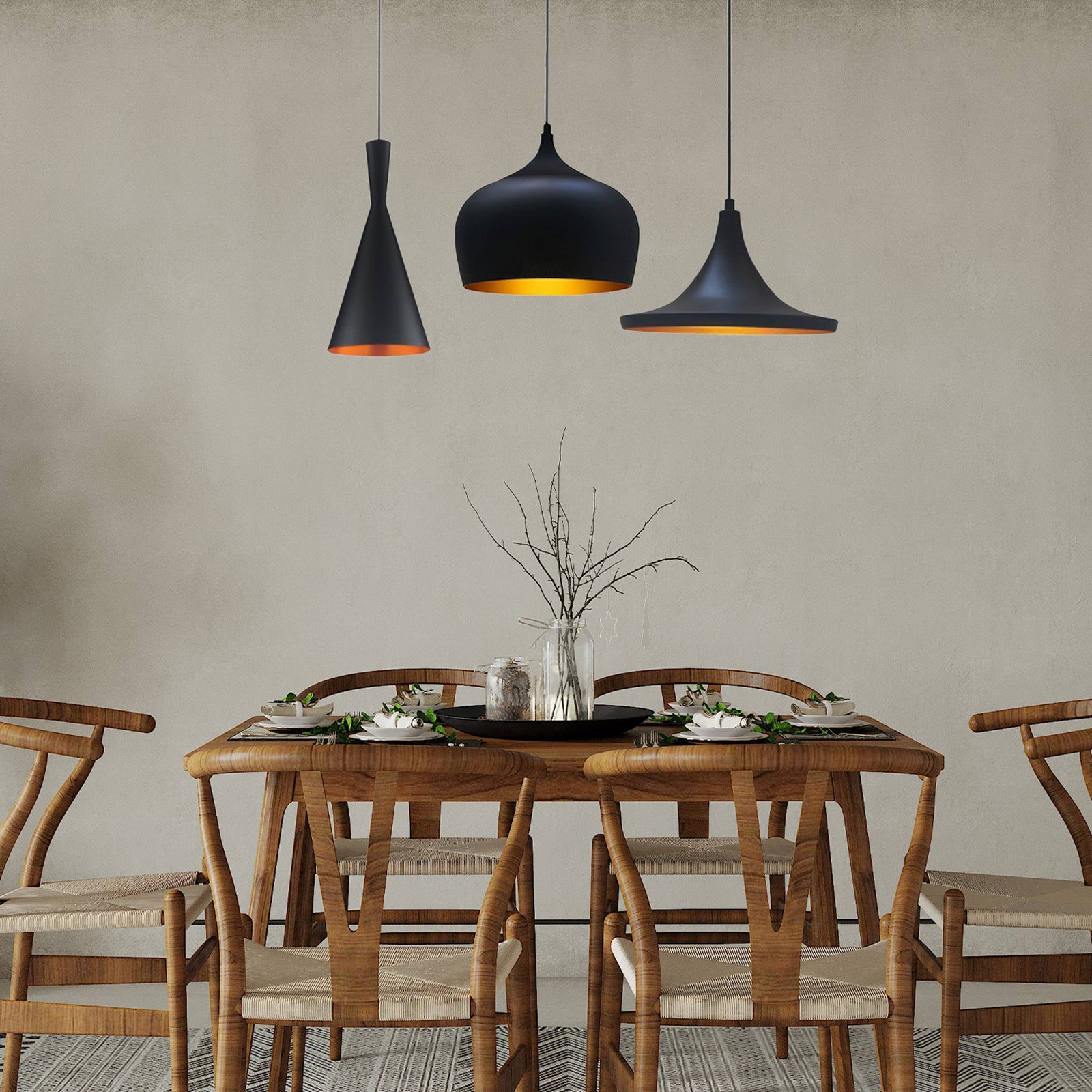 Magna pendant light, length 85 cm, black, metal, 3-bulb.