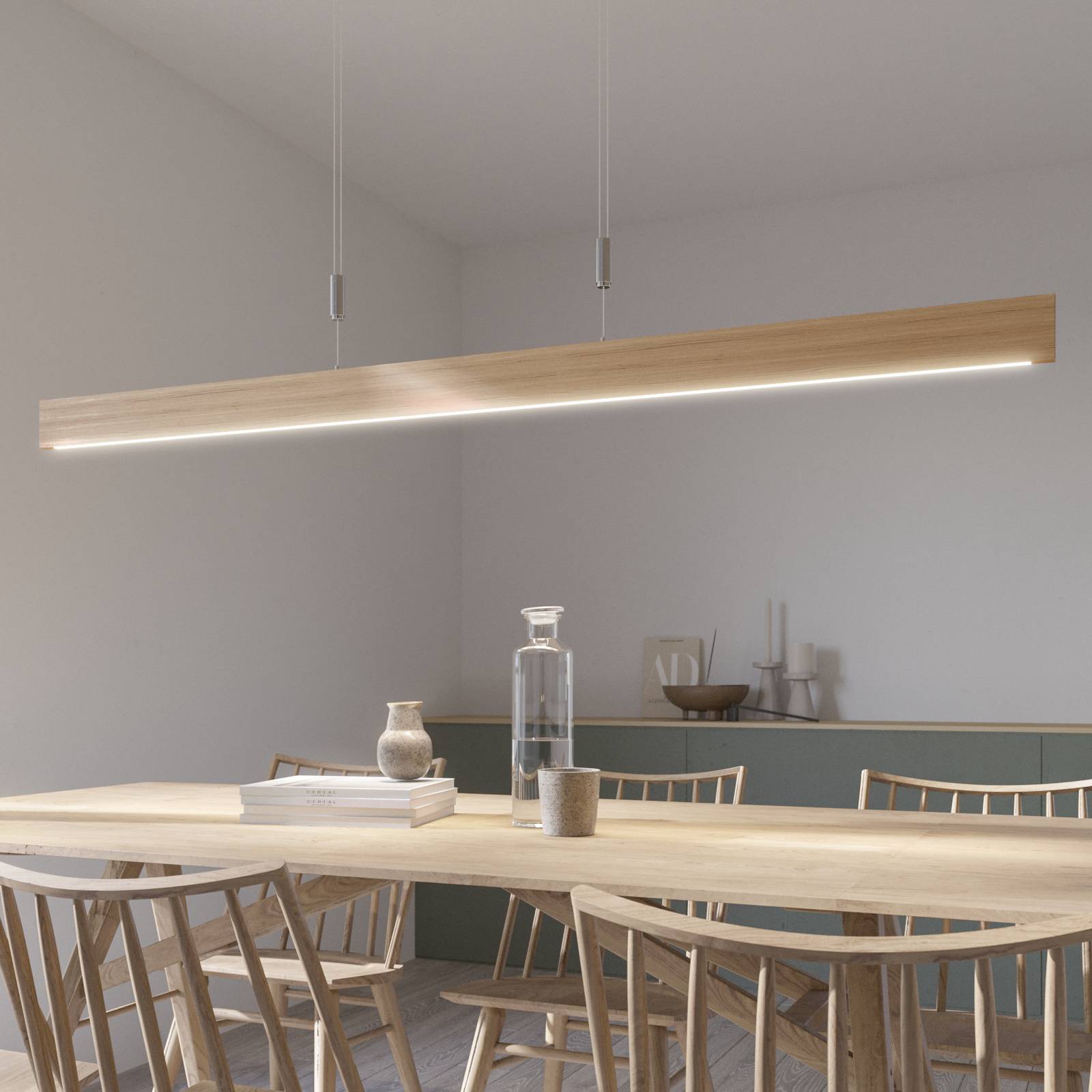Rothfels LED hanglamp Lise, natuurlijke eik,158 cm, voor woon-/ eetkamer, eikenhout, aluminium, staal, messing, 32 W, L: 158 B: 1.6 H: 8 cm