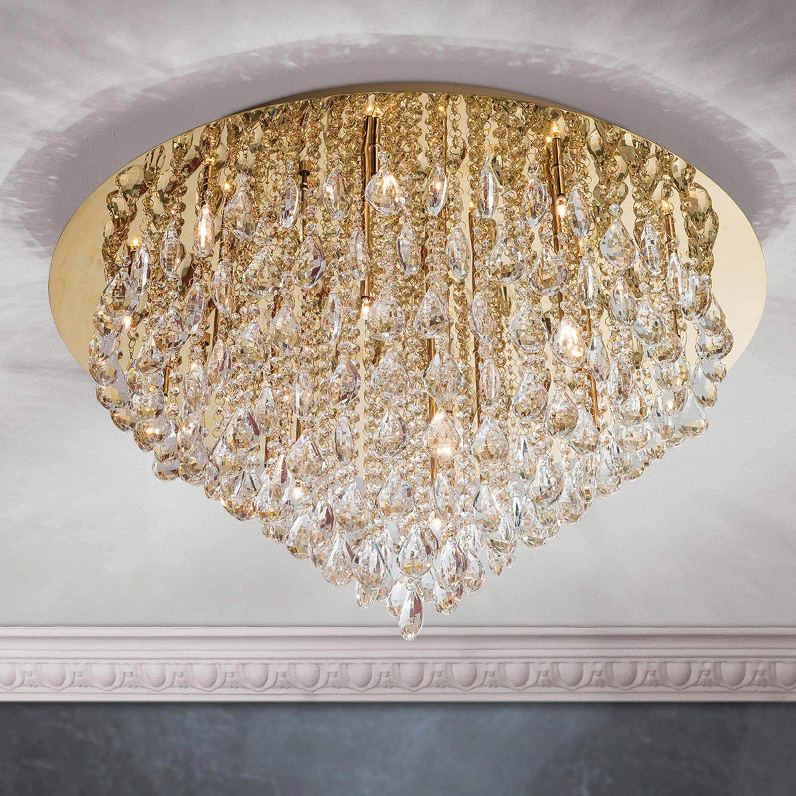 Celeste ceiling lamp with K9 crystals, Ø75cm, gold