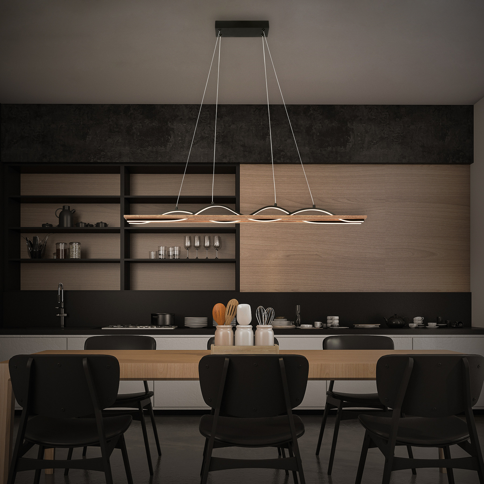 LED pendant light Vinka, 2-bulb, length 98 cm, wood-coloured