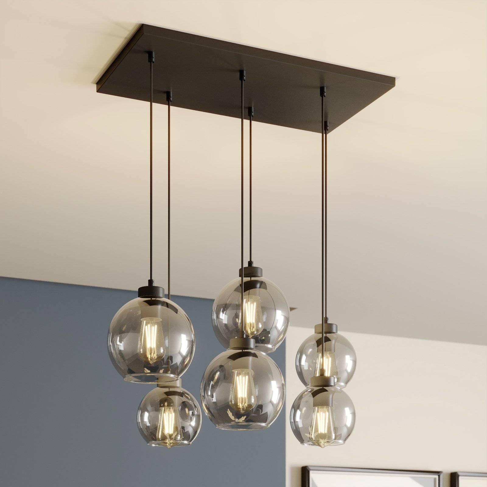 Cubus hanglamp, grafiet, glas, 74 cm lang, 6-lamps