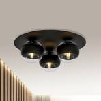 Kenzo ceiling light, round, black/clear, 3-bulb