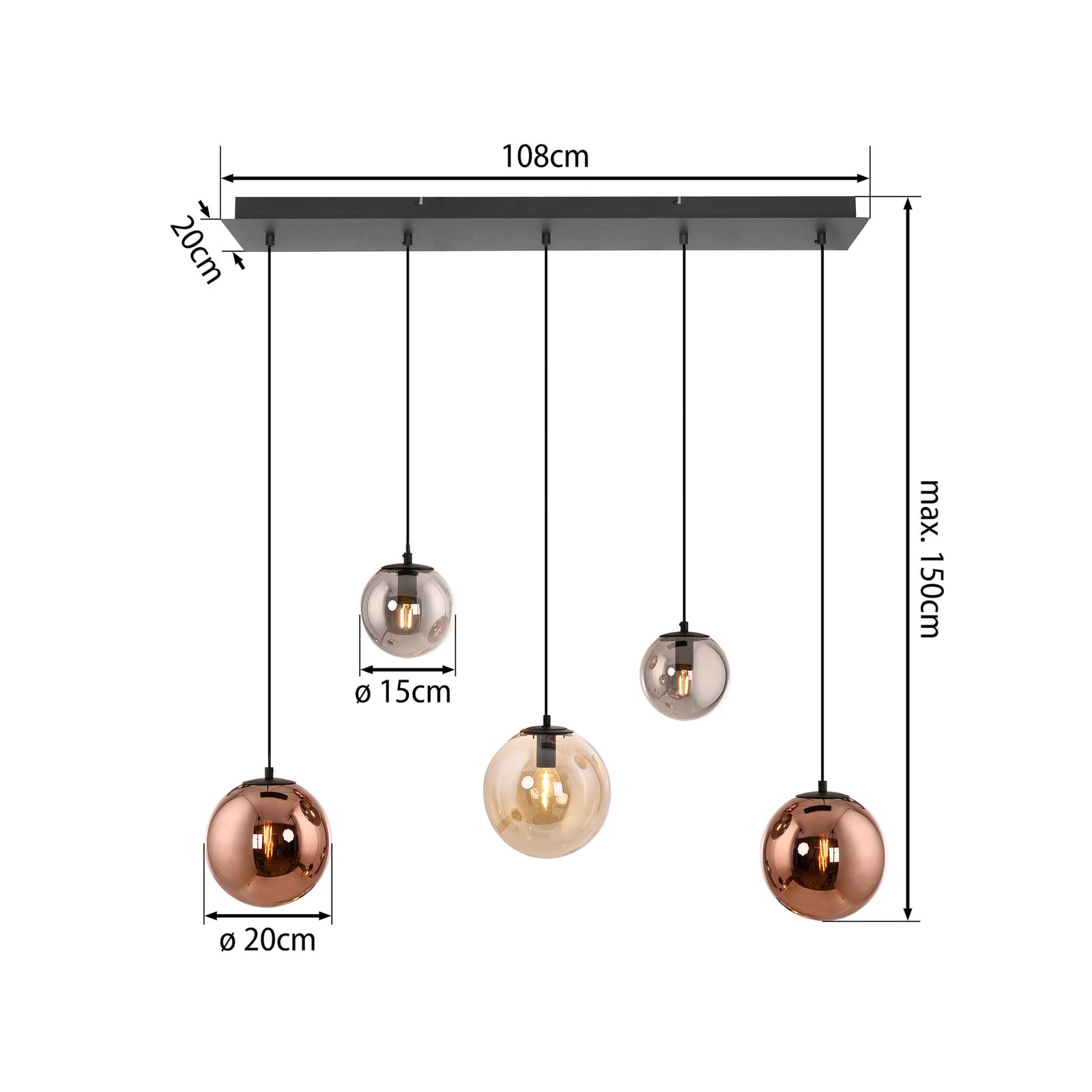 Shiny pendant light, 5-bulb, long, multicoloured, glass, E14 Shiny pendant light, 5-bulb, long, multicoloured, glass, E14