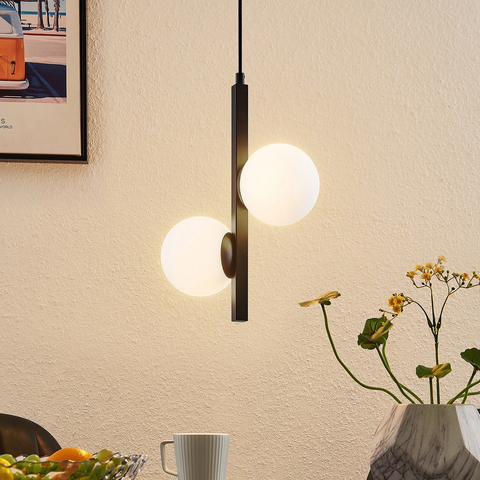 Lucande Emarin lampă suspendată globuri de sticlă 2 becuri - Camera de zi / sufragerie - modern - negru alb opal - Metal