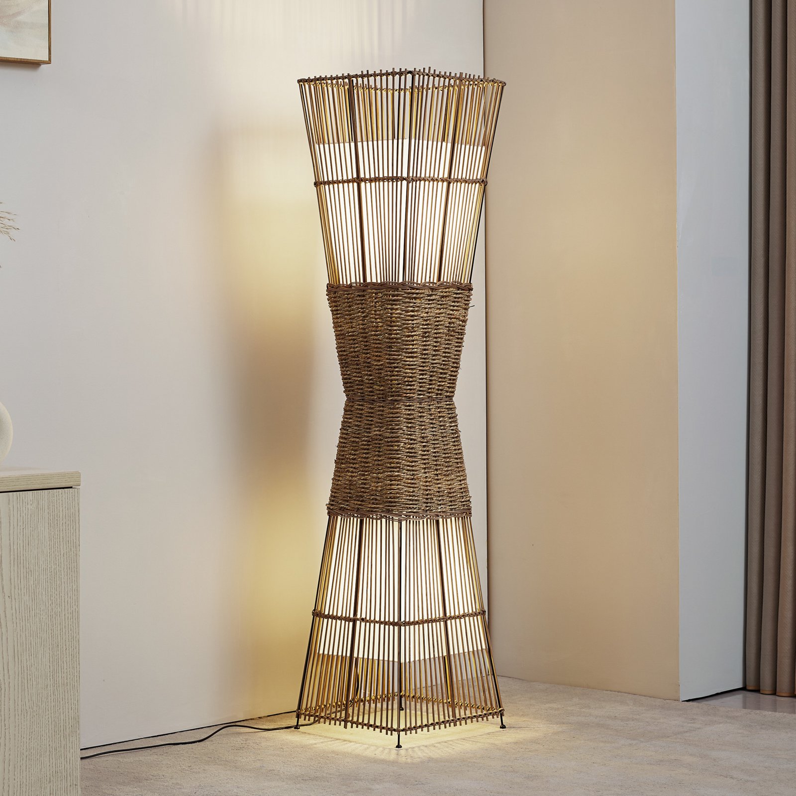 Lindby Jacinto floor lamp, bamboo, hemp, height 130 cm