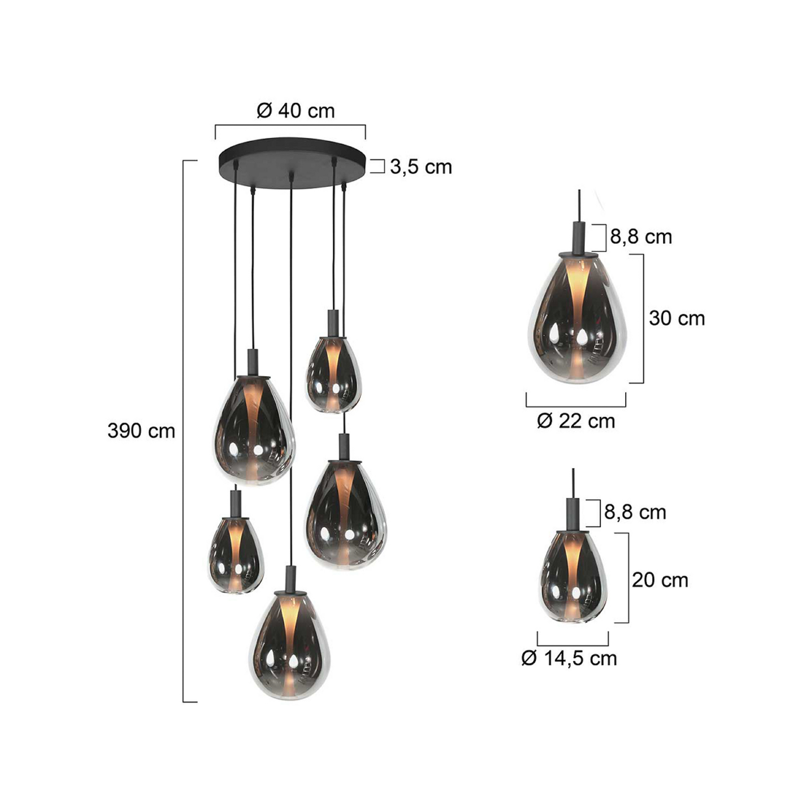 Lampada LED a sospensione Glimsy, Ø 40 cm nero/grigio fumo vetro a 5 luci.