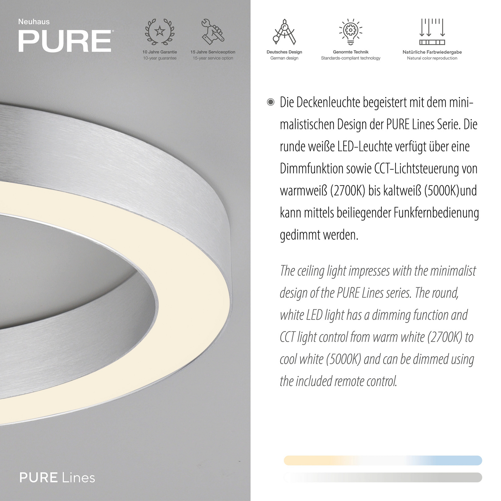 Lampa sufitowa LED PURE Lines, Ø 35 cm, kolor srebrny, CCT