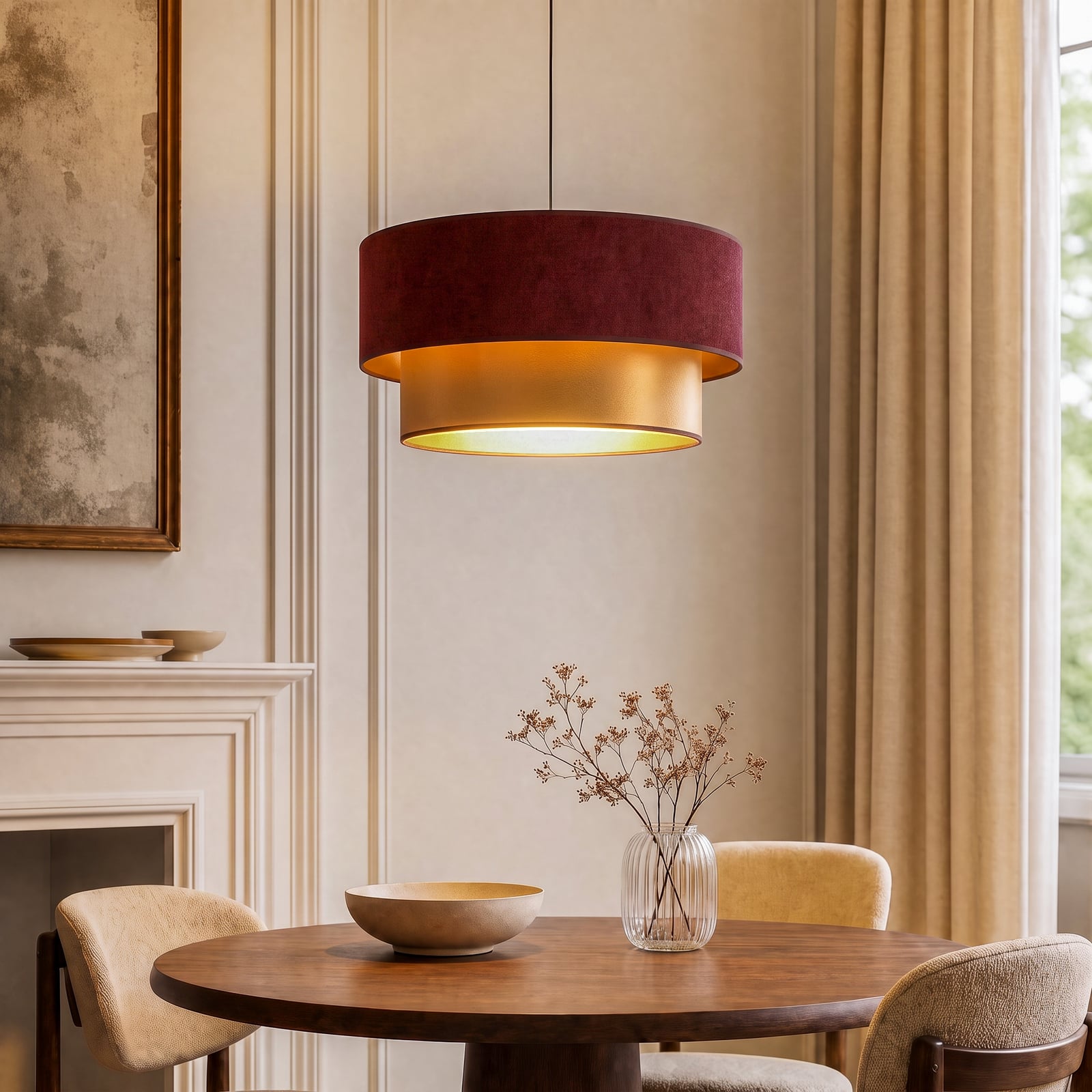 Lampada a sospensione Dorina, rosso scuro/oro, Ø 45 cm, tessuto, E27 - Duolla