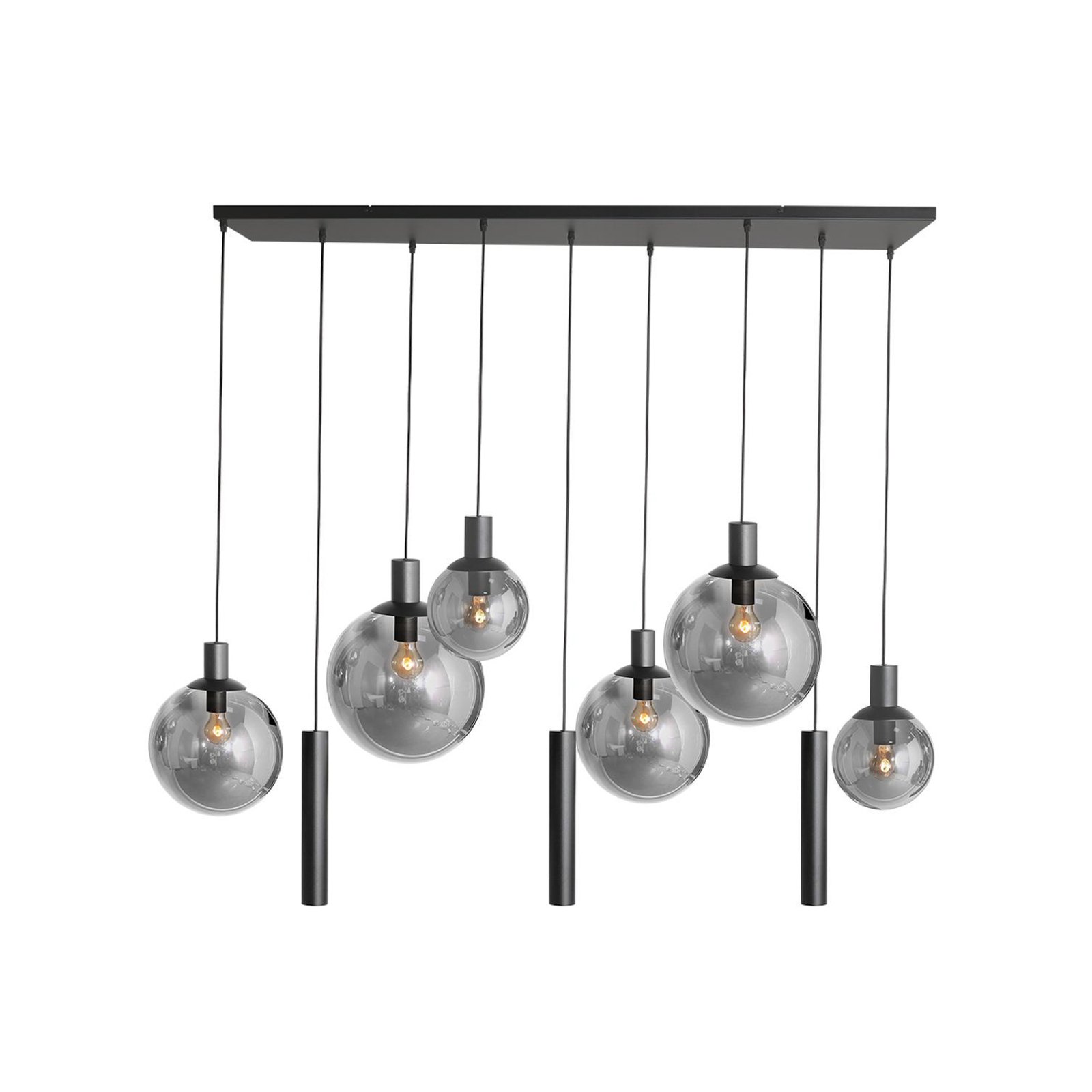 Bollique pendant light, black, 9-bulb long, glass, metal