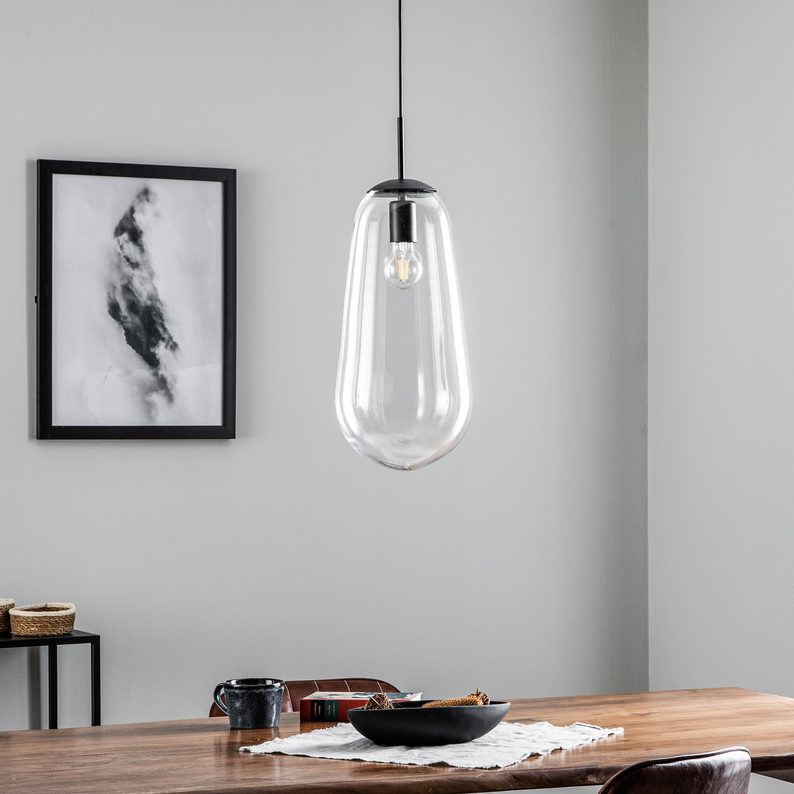 Pear L pendant light with glass shade, black
