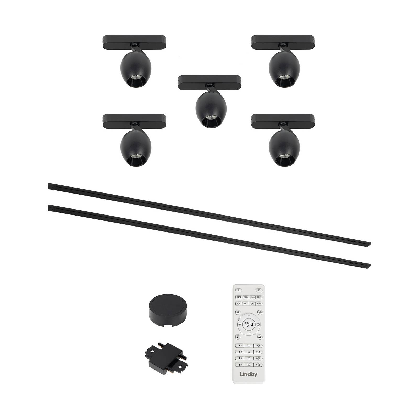 Lindby Système de lampes sur rail Lumaro, spots,5 lampes,noir,Ø6cm,48V,intensité