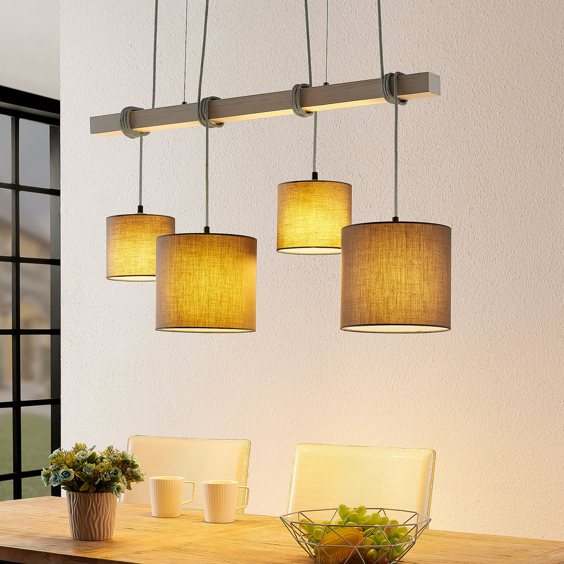Lindby Rukaia pendant lamp, grey 4-bulb, for Living / Dining Room, fabric, wood, metal, E27, 42 W, energy efficiency: A++, L: 85 cm, W: 22 cm
