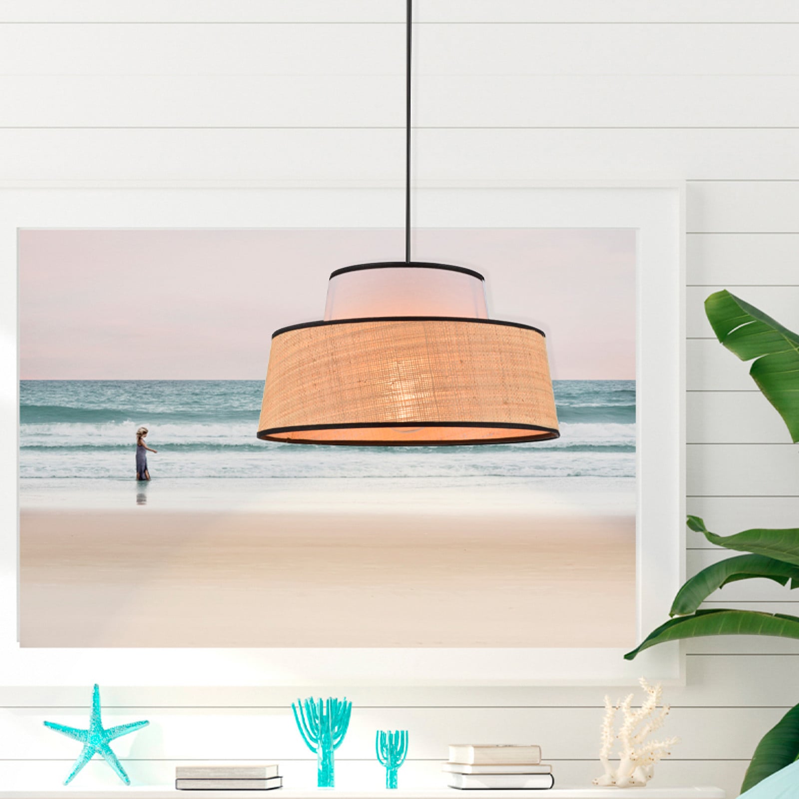 COREP Lampă suspendată Mallorca alb/natur Ø 38 cm țesătură/raț - Camera de zi / sufragerie - alb natural - Țesătură / Textil