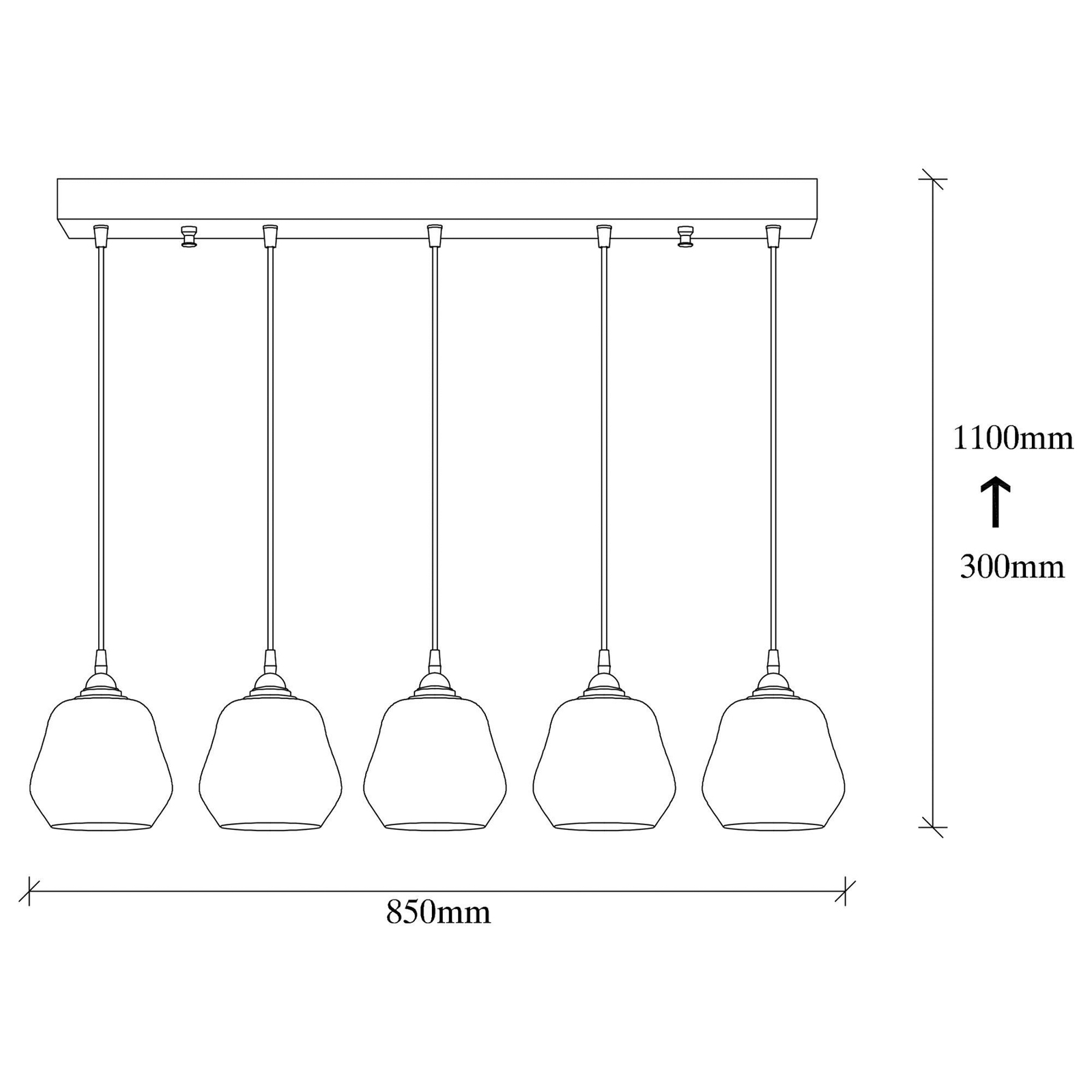 Hanglamp Goud 033, goud-transparant glas, 5-lamps lineair