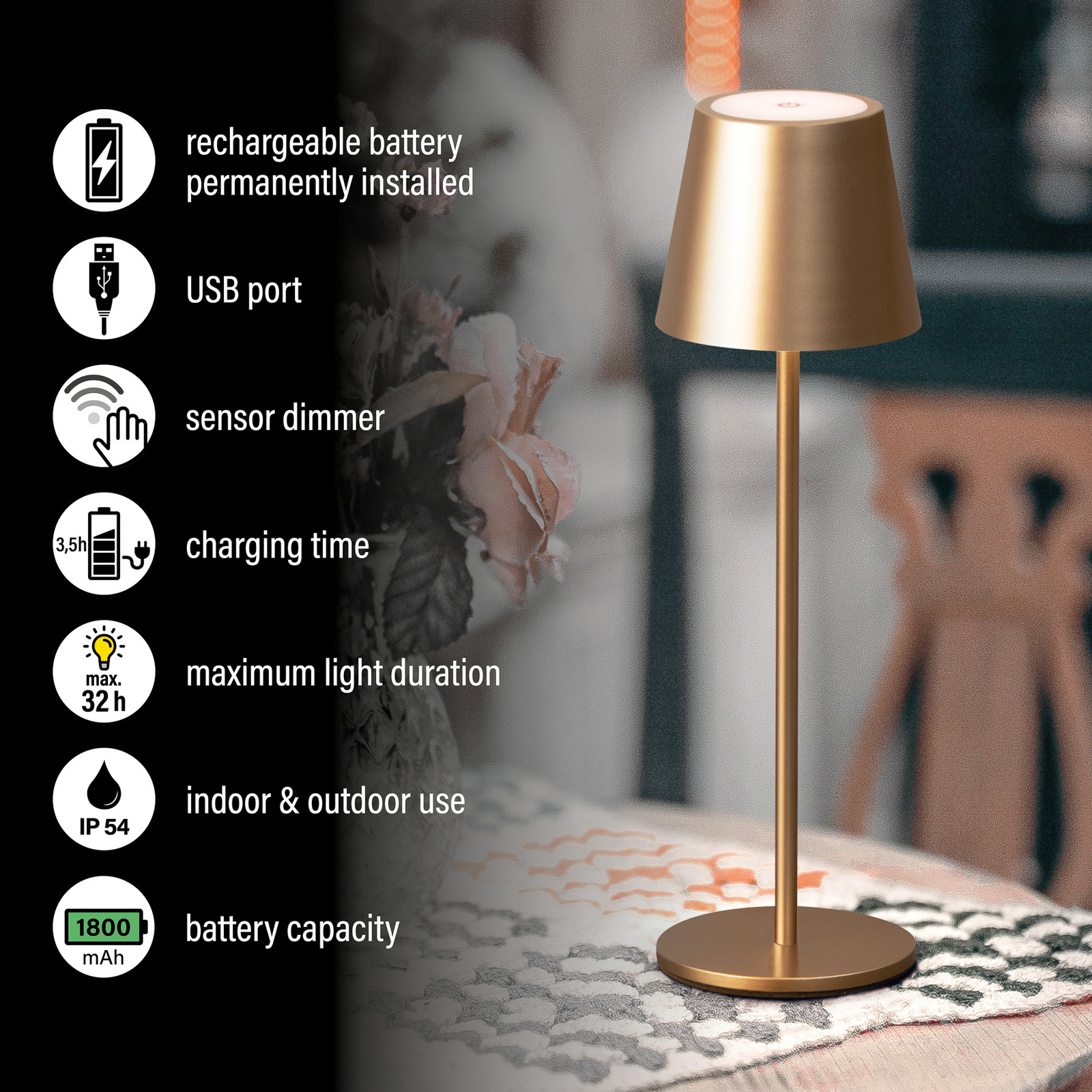 LED-akku-pöytävalaisin Viletto, kahvinruskea, IP54