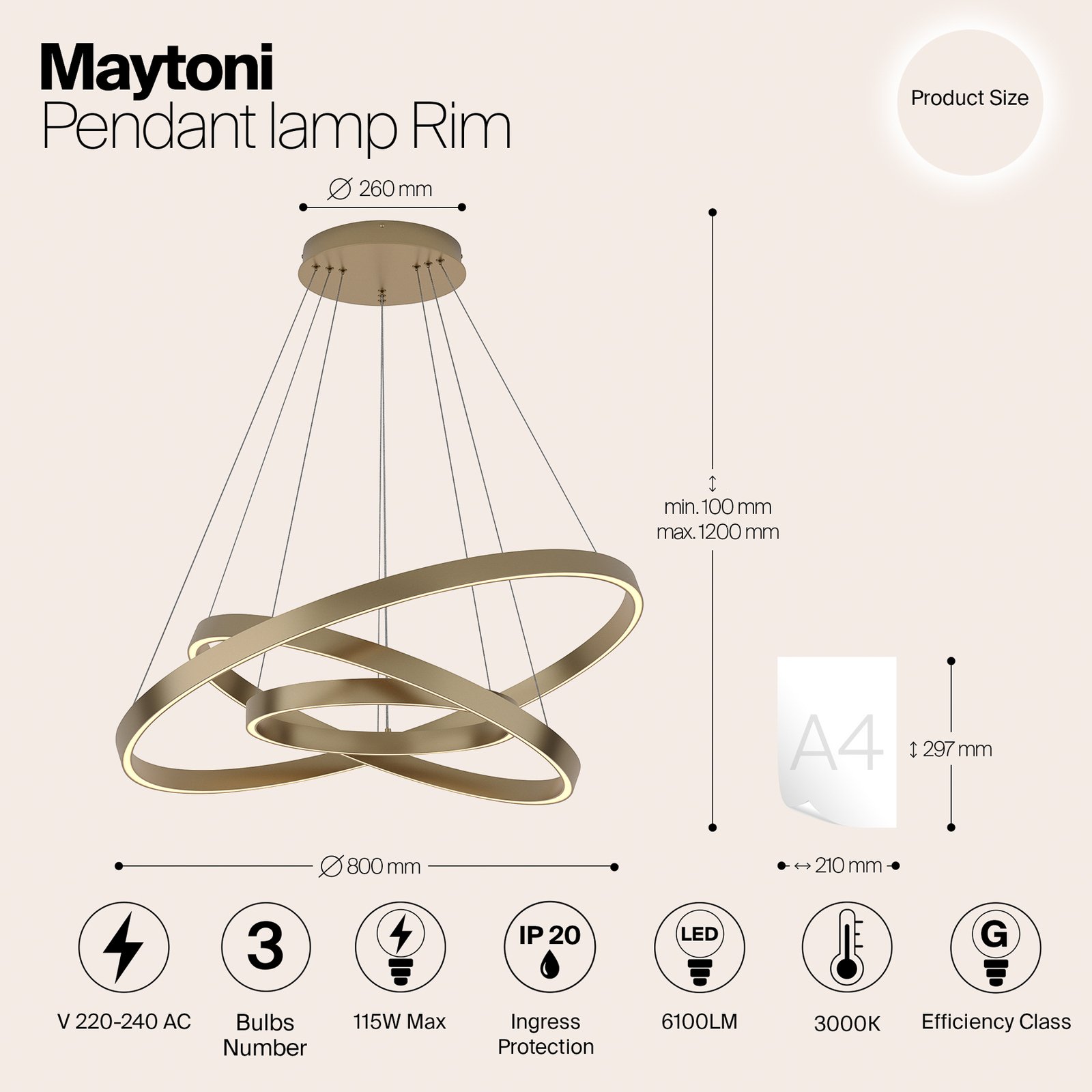 Maytoni Lámpara colgante LED Rim, 3 luces, color latón, 3000K