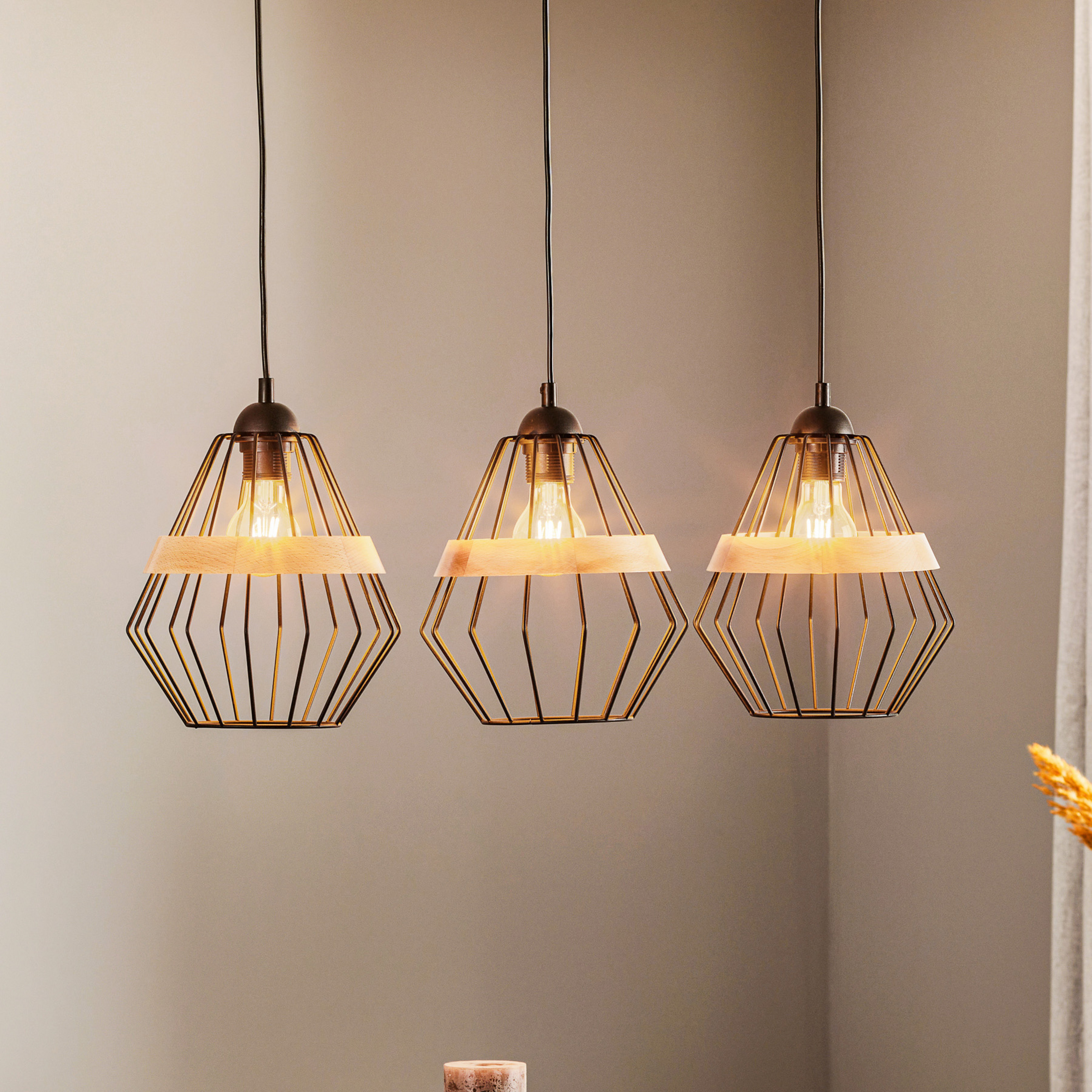 Cliff pendant light, three cage shades with wooden band
