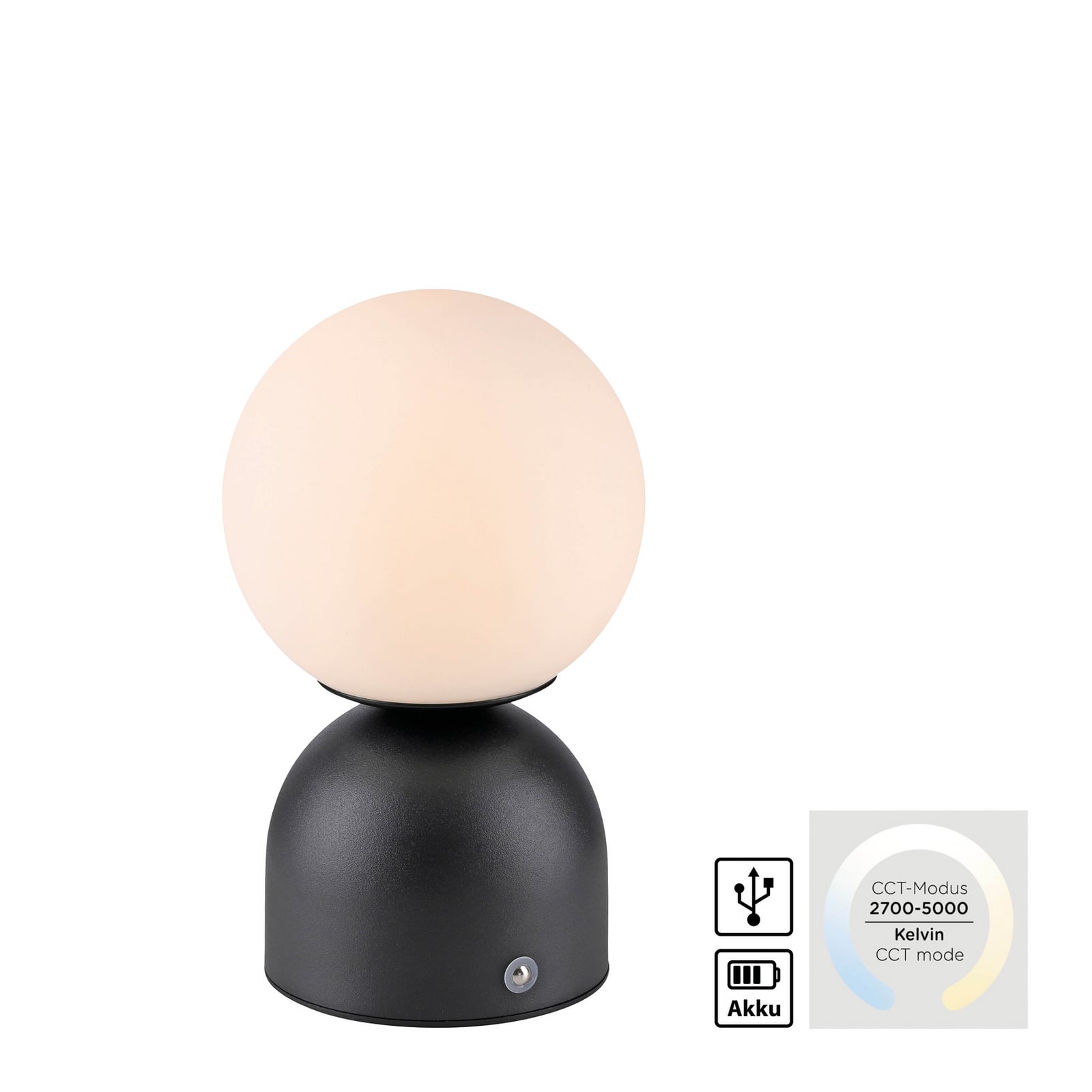 LED-akutoitel laualamp RUDI, must, kõrgus 20 cm, CCT, puutetundlik hämardus