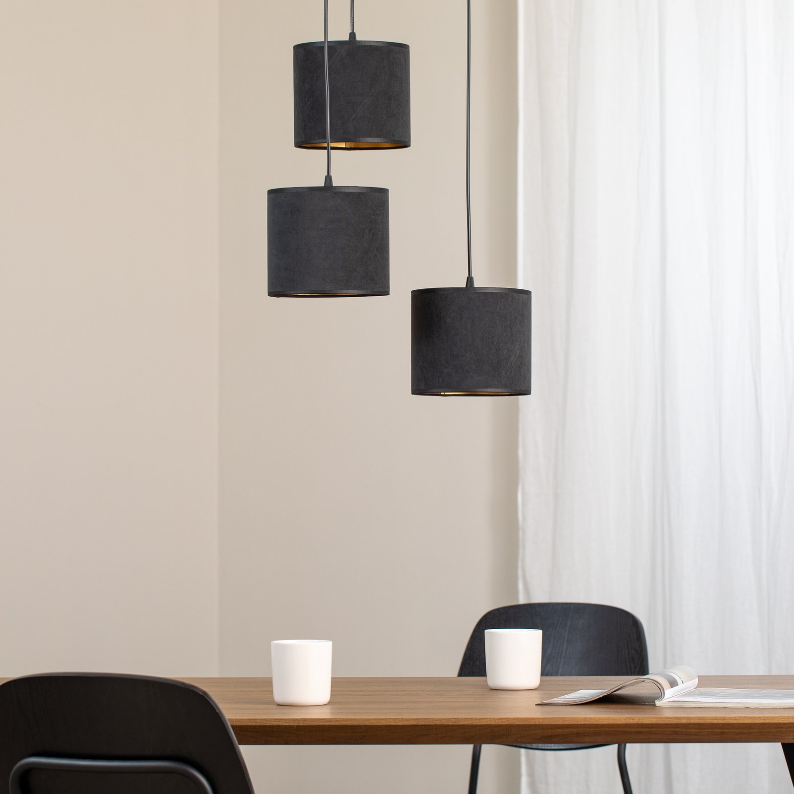 Jari hanging light, fabric shade, 3-bulb, round, black and gold