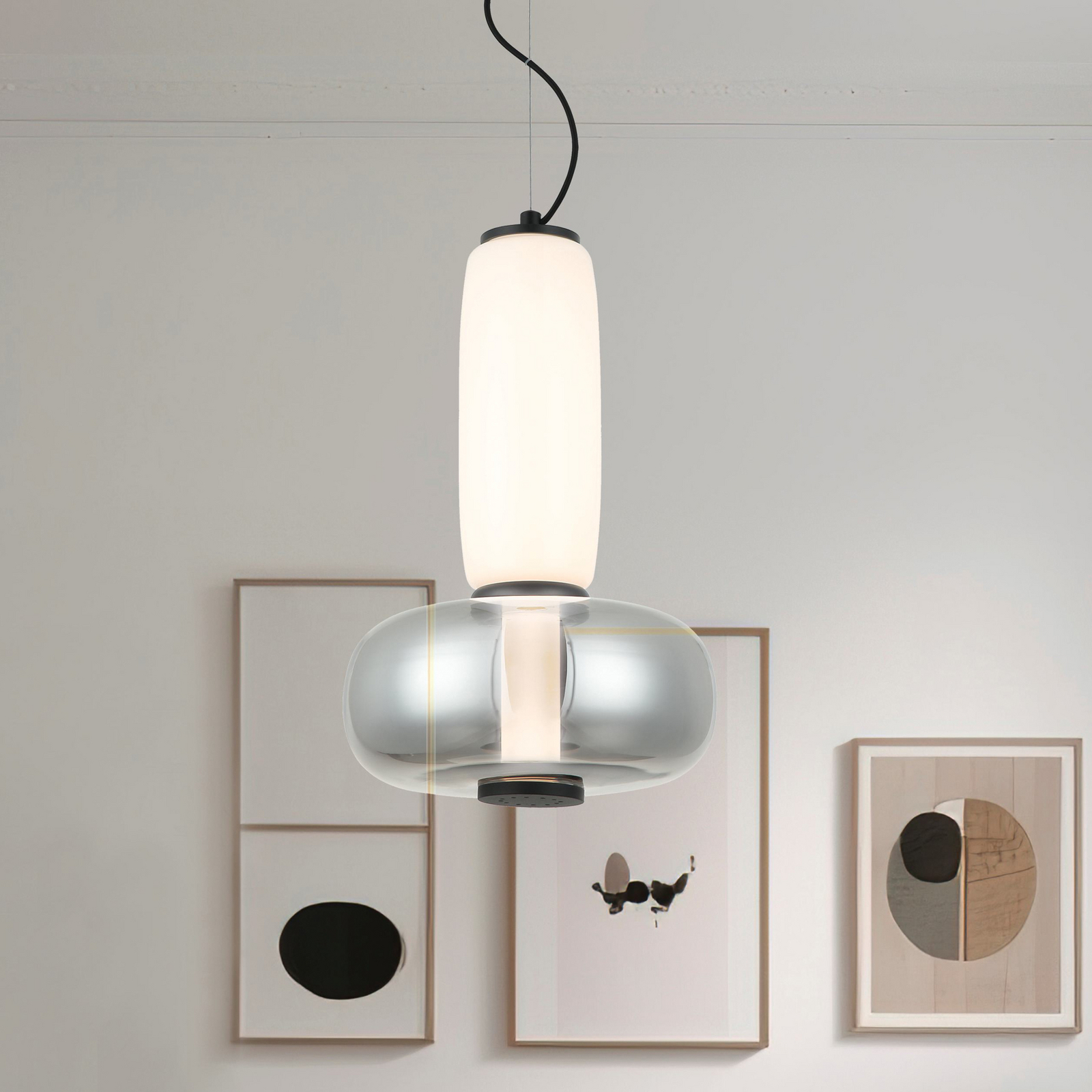 Lampada LED a sospensione Avery, grigio fumo/bianco, Ø 32 cm, vetro