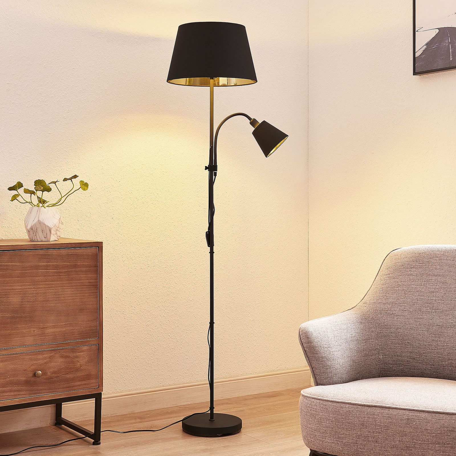 Lindby Somana fabric floor lamp, conical, for Living / Dining Room, metal, fabric, E27, 60 W, energy efficiency: A++, W: 38 cm, H: 170 cm