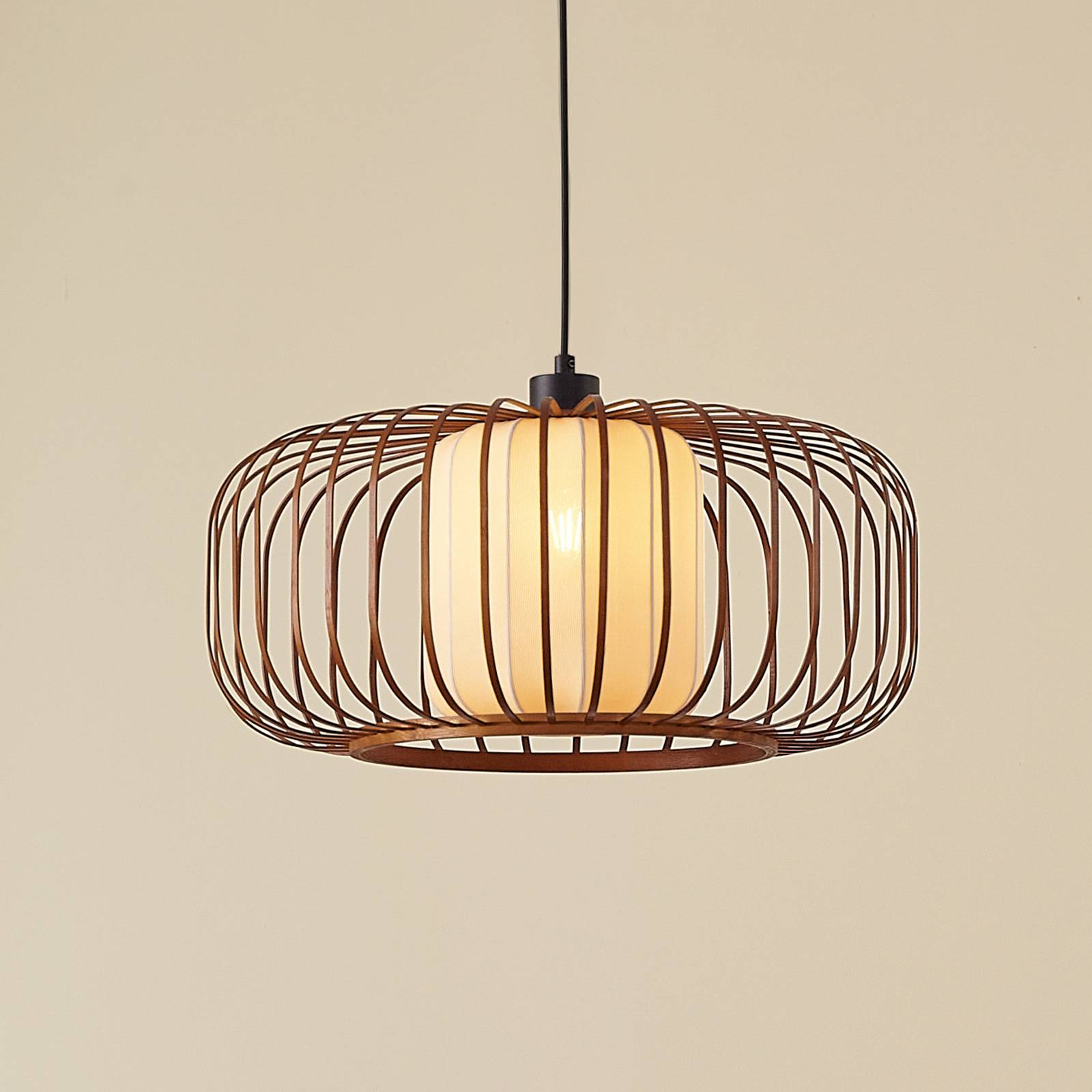 Lindby Pendelleuchte Davella, Ø 50 cm, Bambus, Textil günstig online kaufen