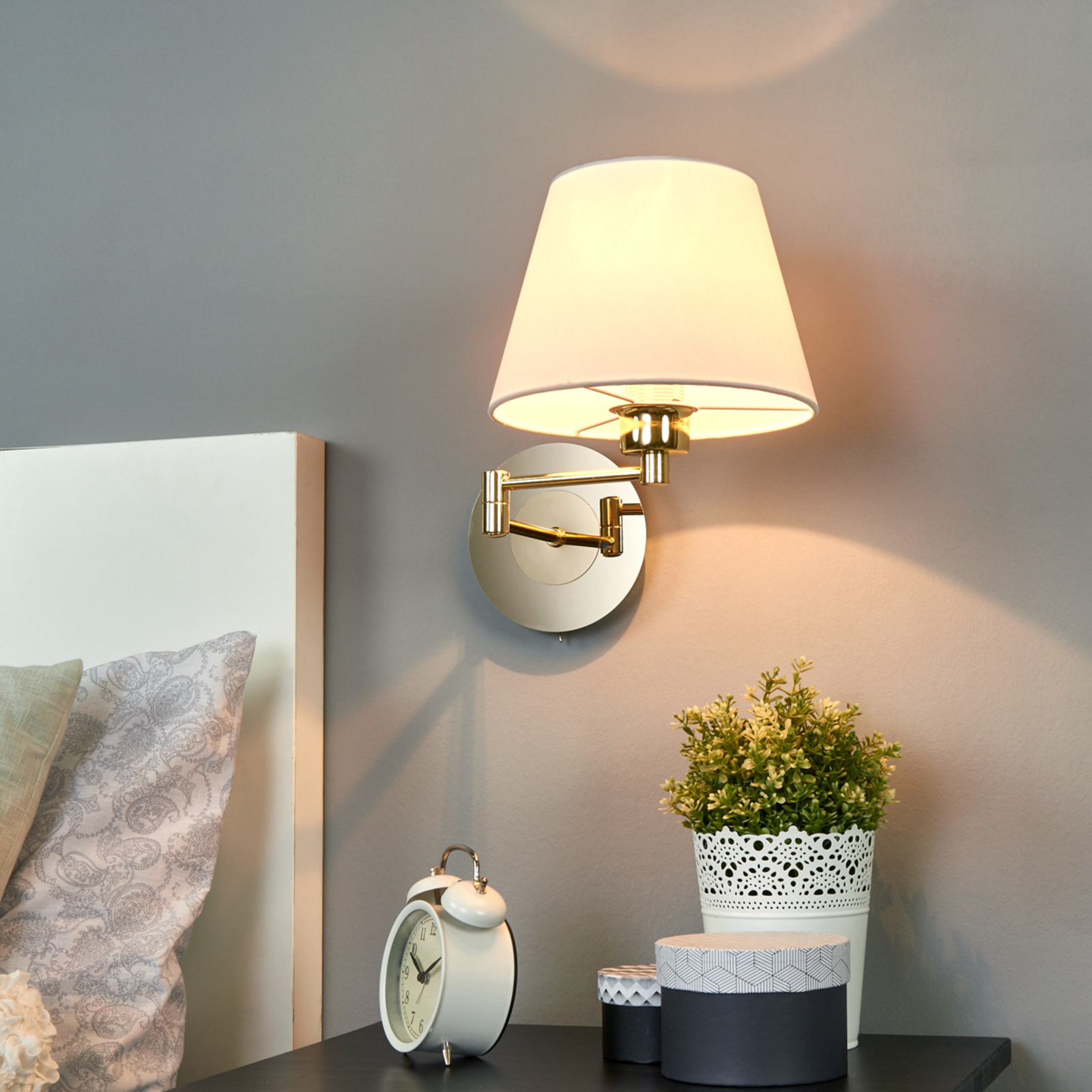 Fischer & Honsel Berlin Wall Light Brass, for Living / Dining Room, Metal, fabric, E27, 42 W, energy efficiency: A++, H: 30 cm