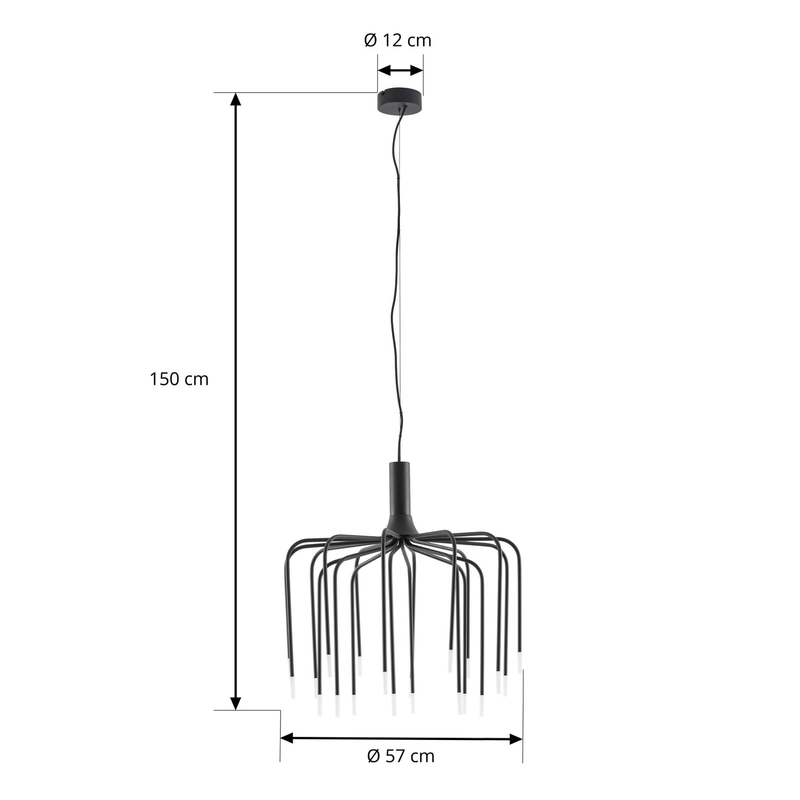 Závěsné světlo Lucande Ariadne, Ø 57 cm, matná černá, 20 žárovek
