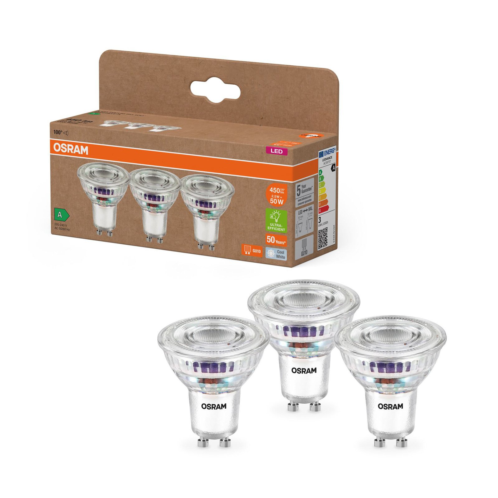 OSRAM LED PAR16 reflectorlamp GU10 2,5W 100° 4.000K 3-pack