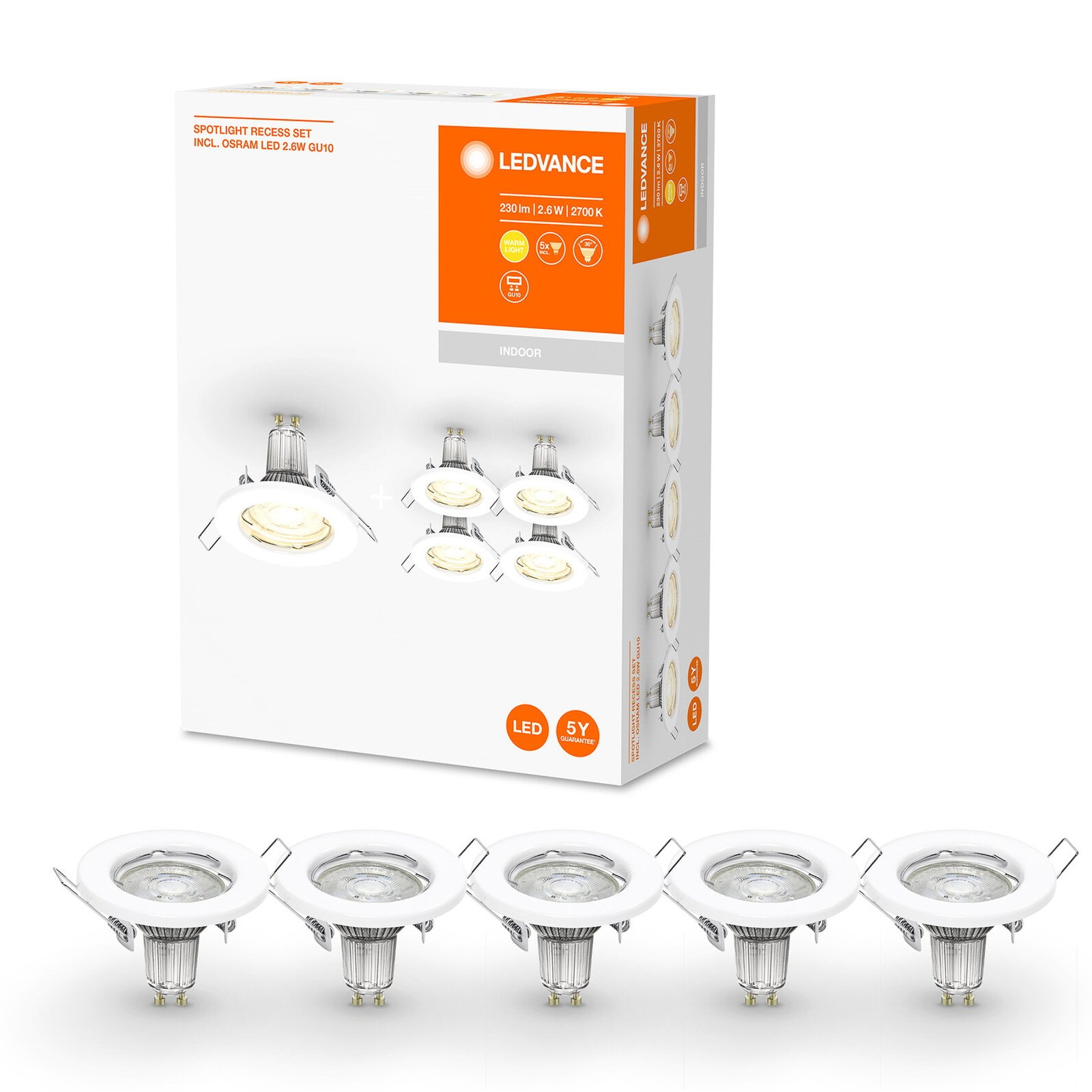 LEDVANCE LED-Einbauspot GU10 Recessed 5er-Set weiß