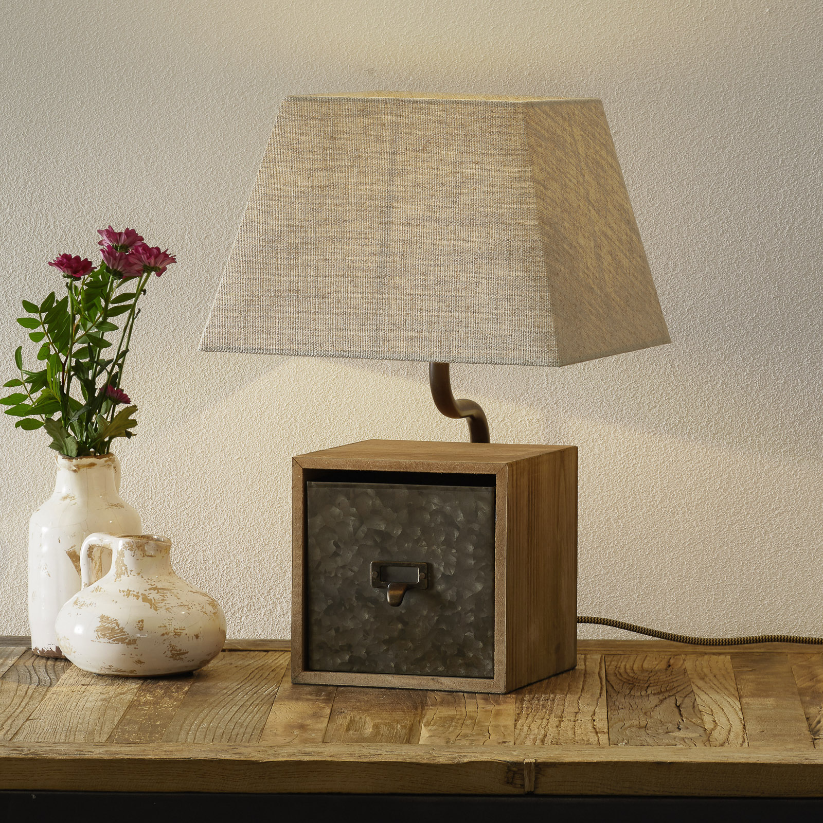 Freelight Cassetto table lamp with a drawer, 46 cm, for Living / Dining Room, metal, wood, fabric, E27, 40 W, energy efficiency: A++, L: 30 cm, W: 30 cm, H: 46 cm